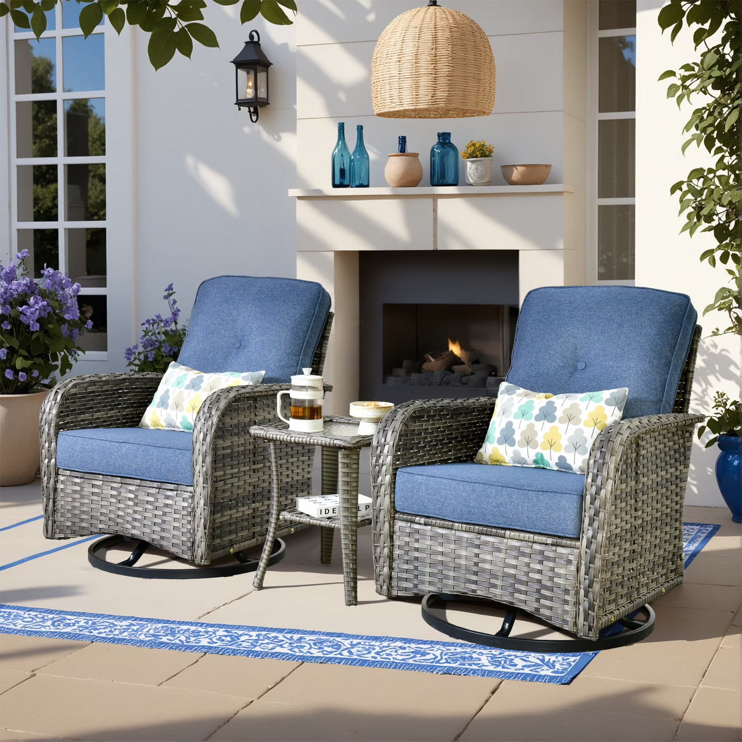Vcatnet Outdoor Swivel Gliders Set of 2 with Side Table, 3 Pieces Outdoor Patio Furniture Wicker Swivel Rocking Chairs, Swivel Rocker Patio Chairs Set
