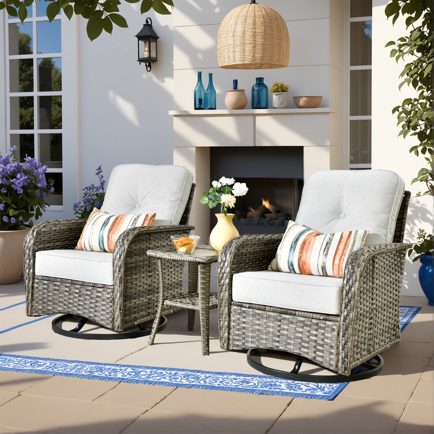 Vcatnet Outdoor Swivel Gliders Set of 2 with Side Table, 3 Pieces Outdoor Patio Furniture Wicker Swivel Rocking Chairs, Swivel Rocker Patio Chairs Set