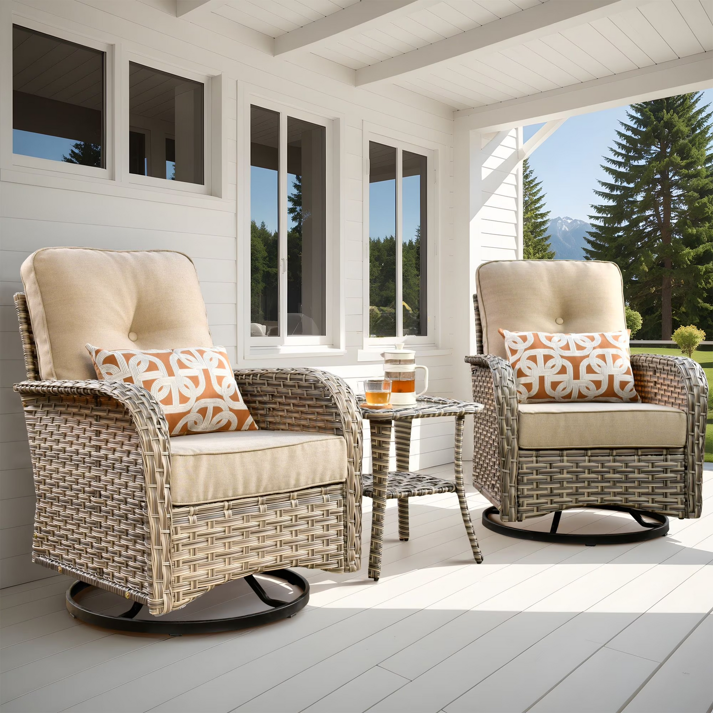 Vcatnet 3 Pieces Outdoor Patio Furniture Wicker Swivel Rocking Chair Swivel Rocker Patio Chairs Set of 2 with Side Table for Porch, Backyard