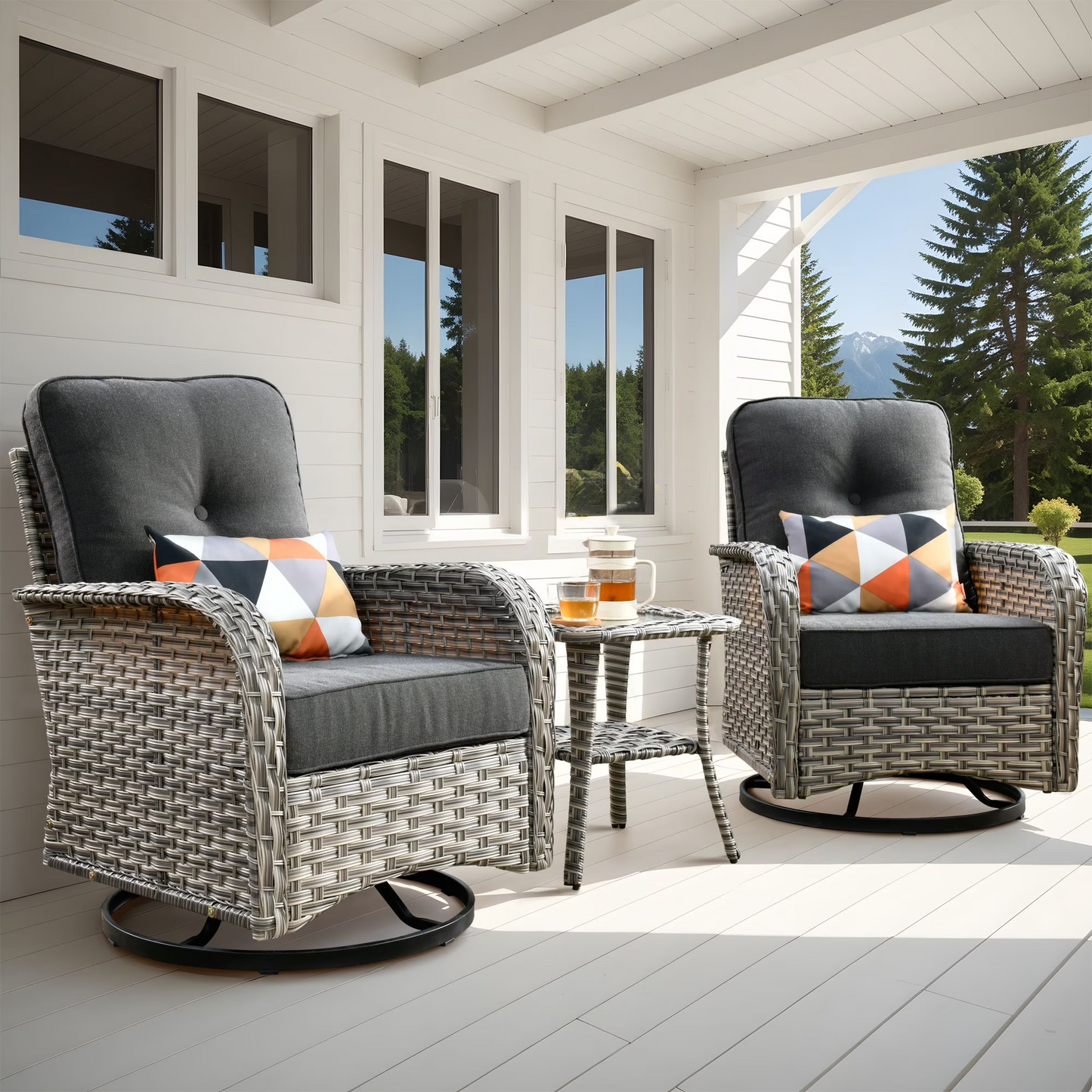 Vcatnet 3 Pieces Outdoor Patio Furniture Wicker Swivel Rocking Chair Swivel Rocker Patio Chairs Set of 2 with Side Table for Porch, Backyard