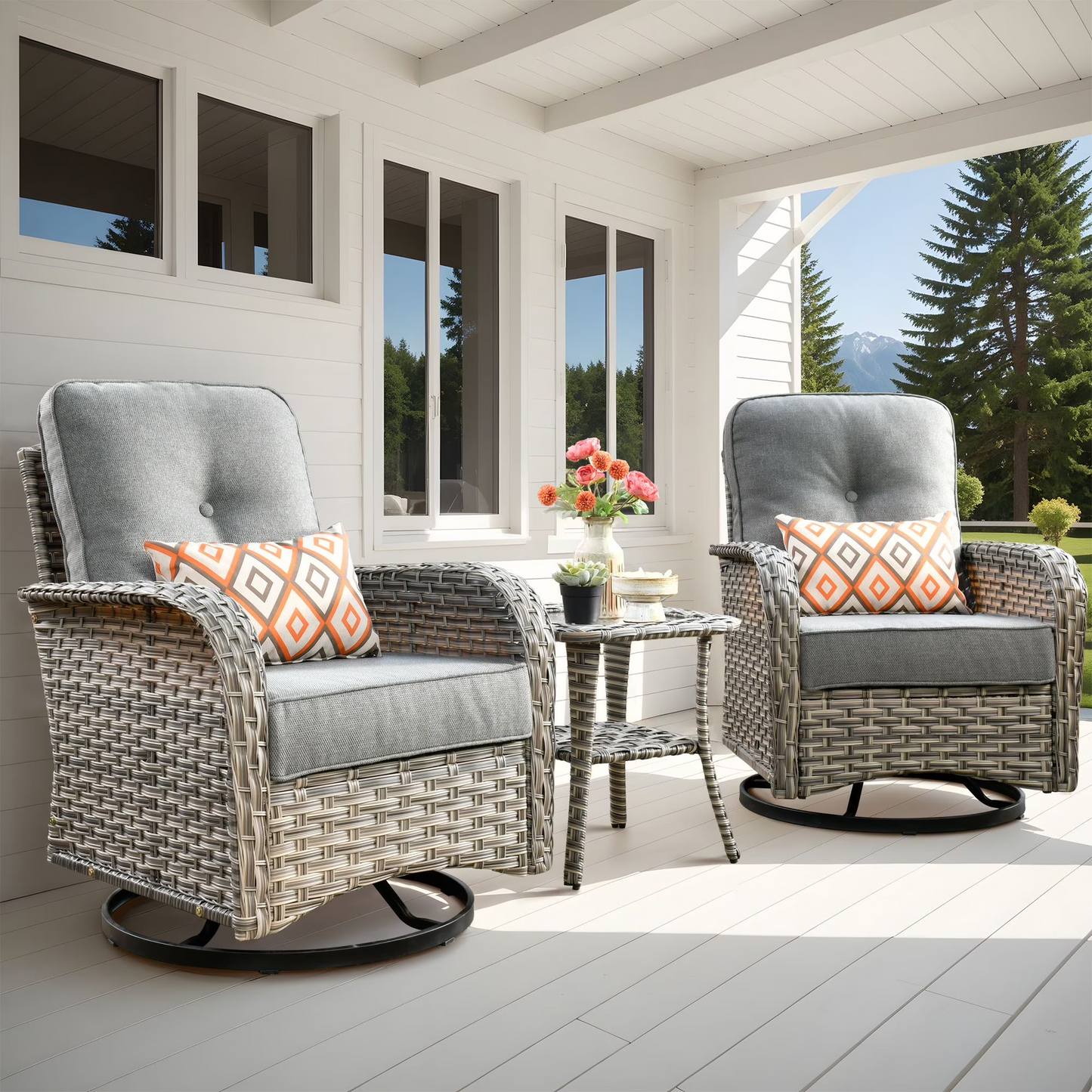 Vcatnet 3 Pieces Outdoor Patio Furniture Wicker Swivel Rocking Chair Swivel Rocker Patio Chairs Set of 2 with Side Table for Porch, Backyard