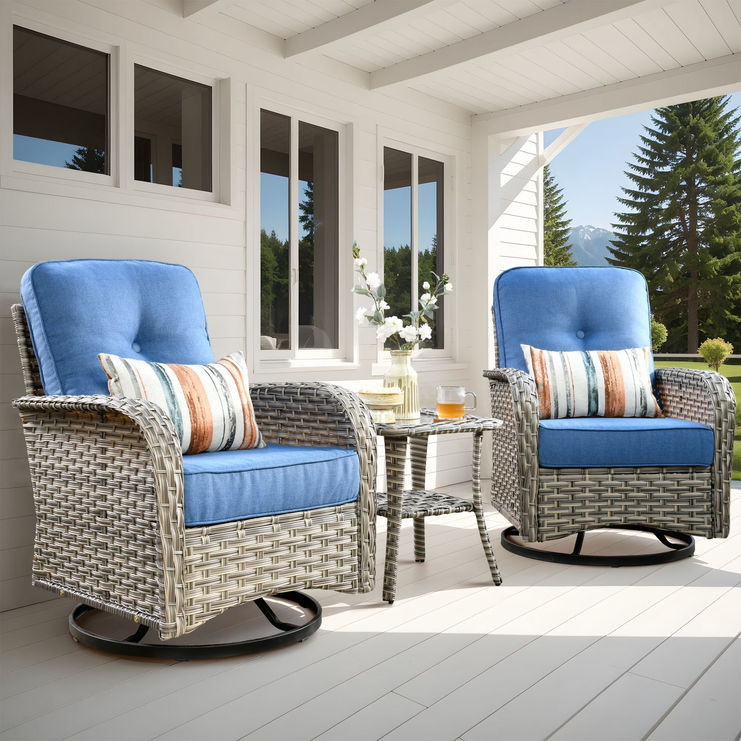 Vcatnet 3 Pieces Outdoor Patio Furniture Wicker Swivel Rocking Chair Swivel Rocker Patio Chairs Set of 2 with Side Table for Porch, Backyard