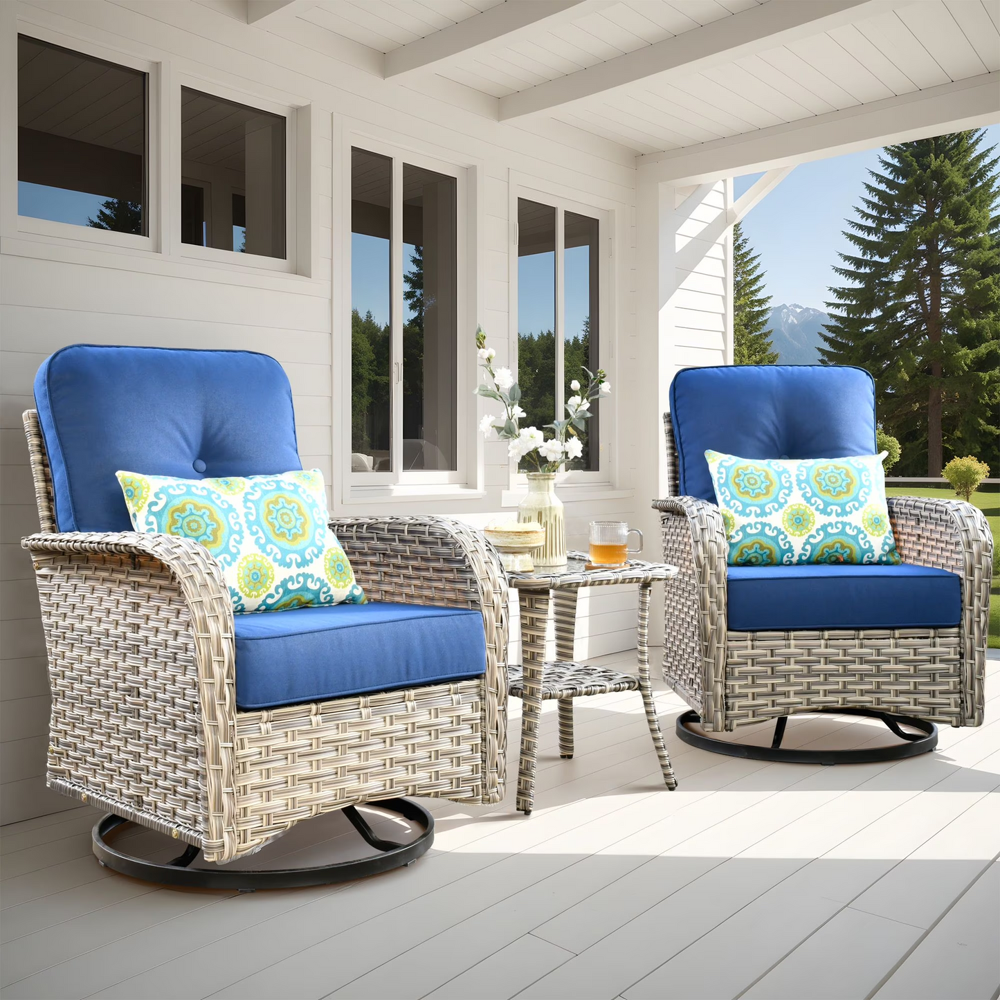 Vcatnet 3 Pieces Outdoor Patio Furniture Wicker Swivel Rocking Chair Swivel Rocker Patio Chairs Set of 2 with Side Table for Porch, Backyard