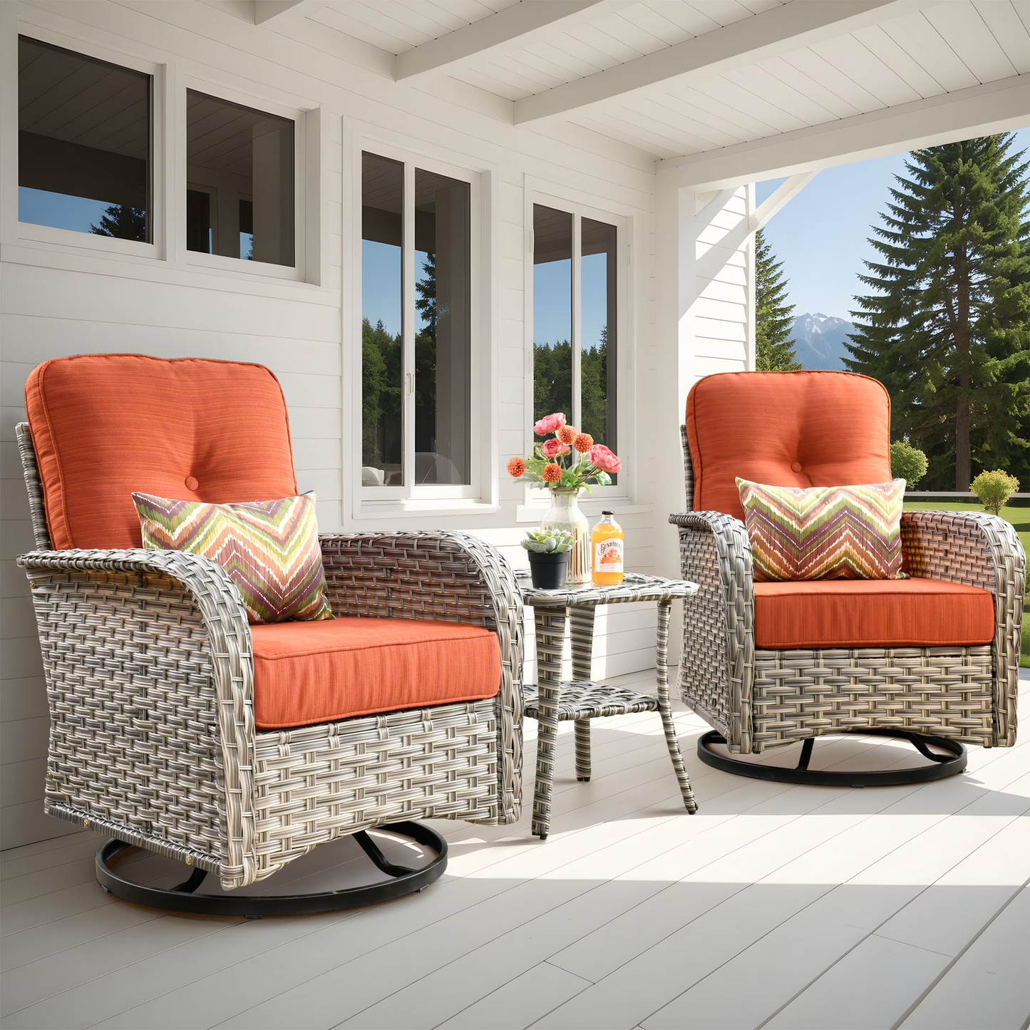 Vcatnet 3 Pieces Outdoor Patio Furniture Wicker Swivel Rocking Chair Swivel Rocker Patio Chairs Set of 2 with Side Table for Porch, Backyard