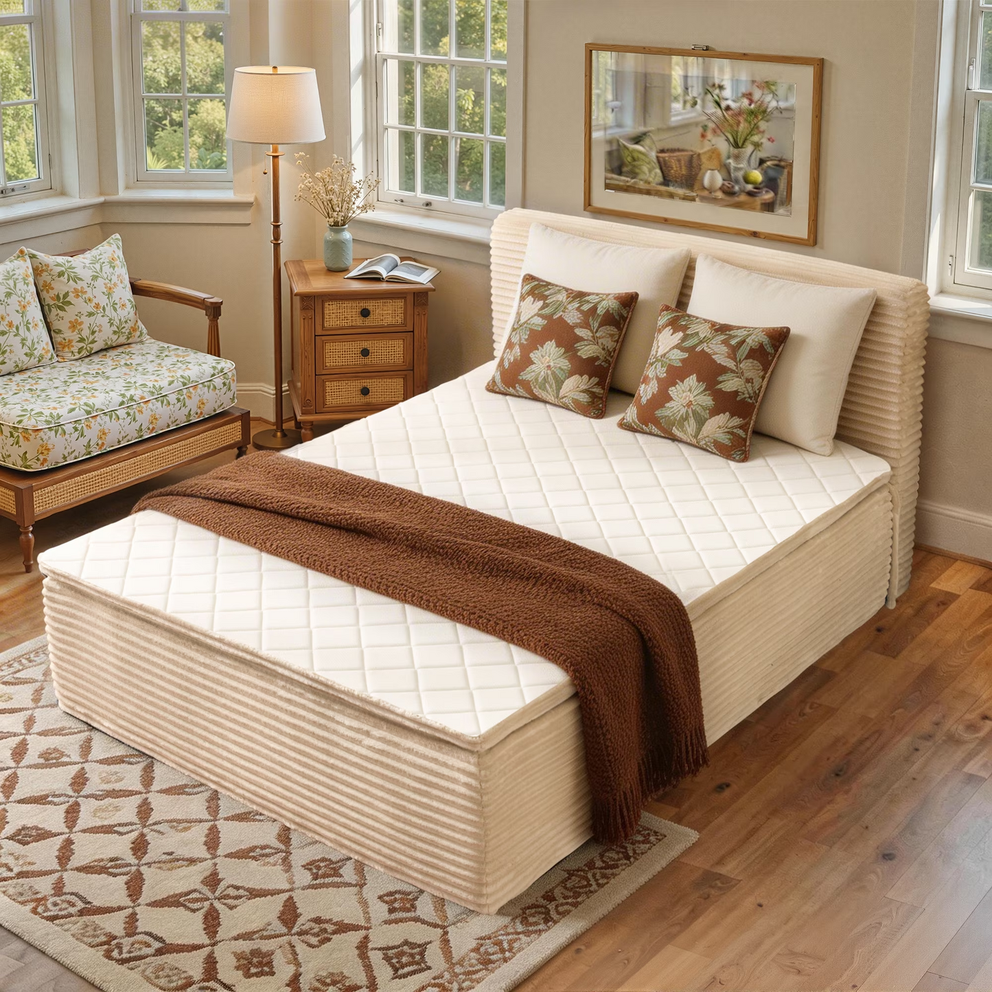 Vcatnet 16.7" Twin Size Bed Frame with Mattress, 2-in-1 Corduroy Platform Cloud Bed, No Assembly Bed and Mattress