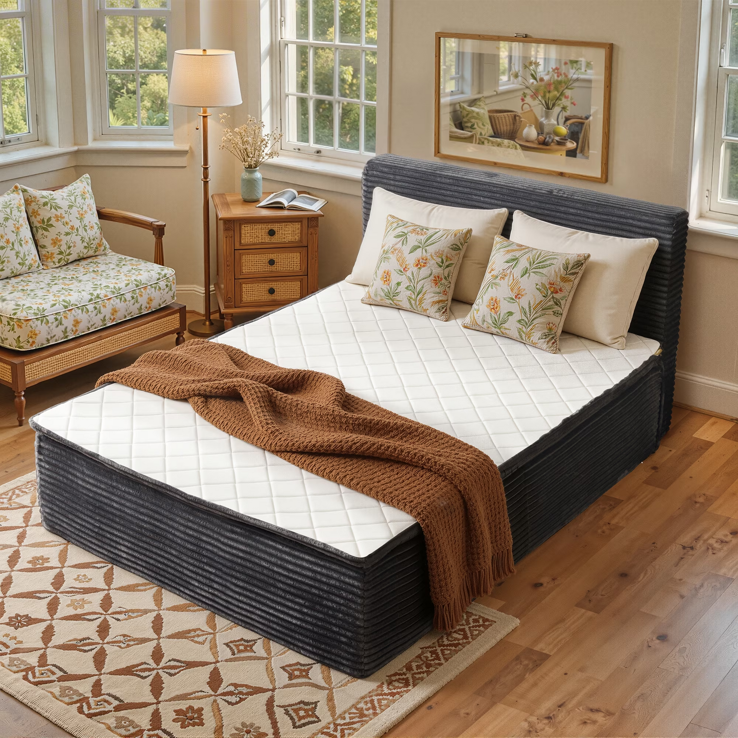 Vcatnet 16.7" Twin Size Bed Frame with Mattress, 2-in-1 Corduroy Platform Cloud Bed, No Assembly Bed and Mattress