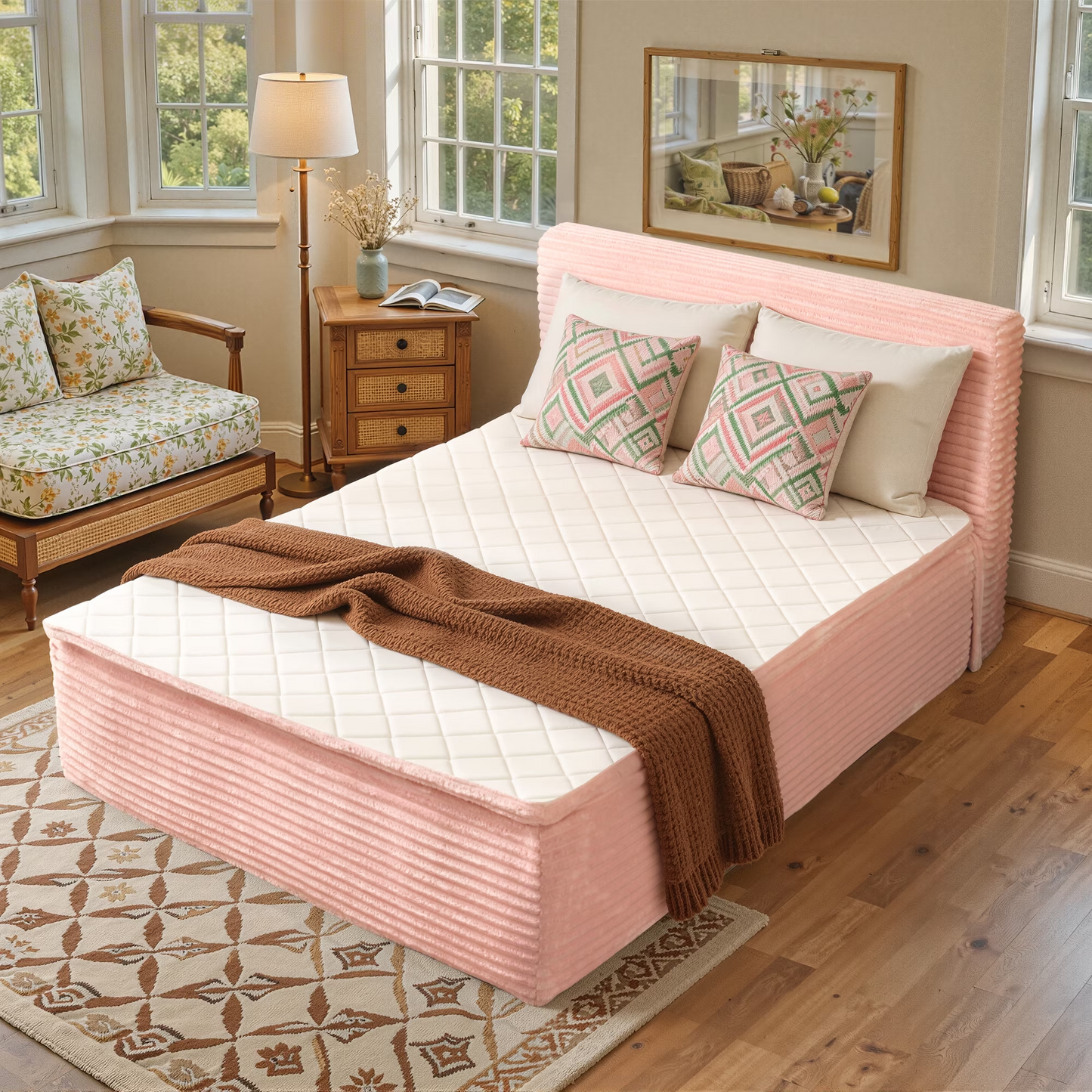 Vcatnet 16.7" Twin Size Bed Frame with Mattress, 2-in-1 Corduroy Platform Cloud Bed, No Assembly Bed and Mattress