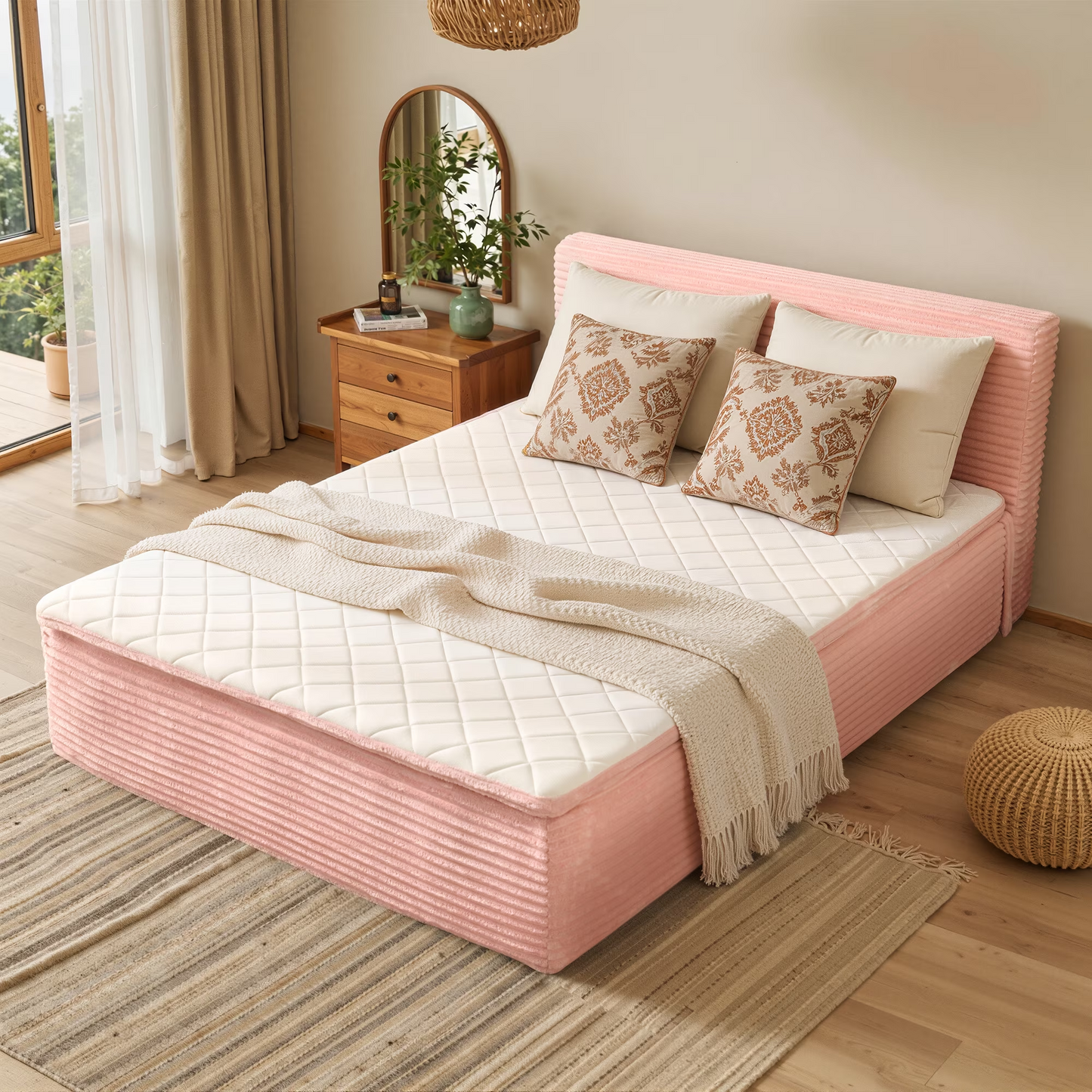 Vcatnet 16.7" Twin Size Bed Frame with Mattress, 2-in-1 Corduroy Platform Cloud Bed, No Assembly Bed and Mattress