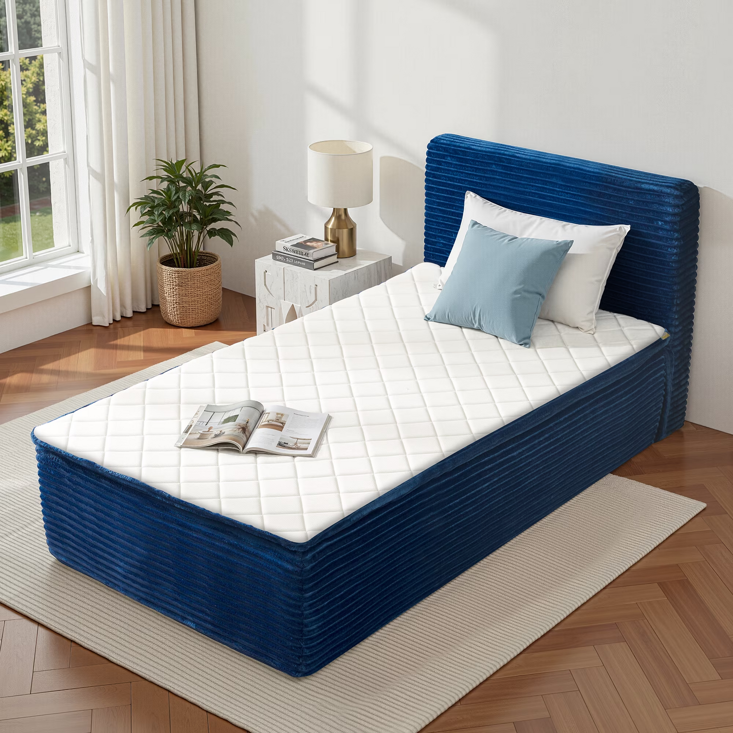 Vcatnet 16.7" Twin Size Bed Frame with Mattress, 2-in-1 Corduroy Platform Cloud Bed, No Assembly Bed and Mattress