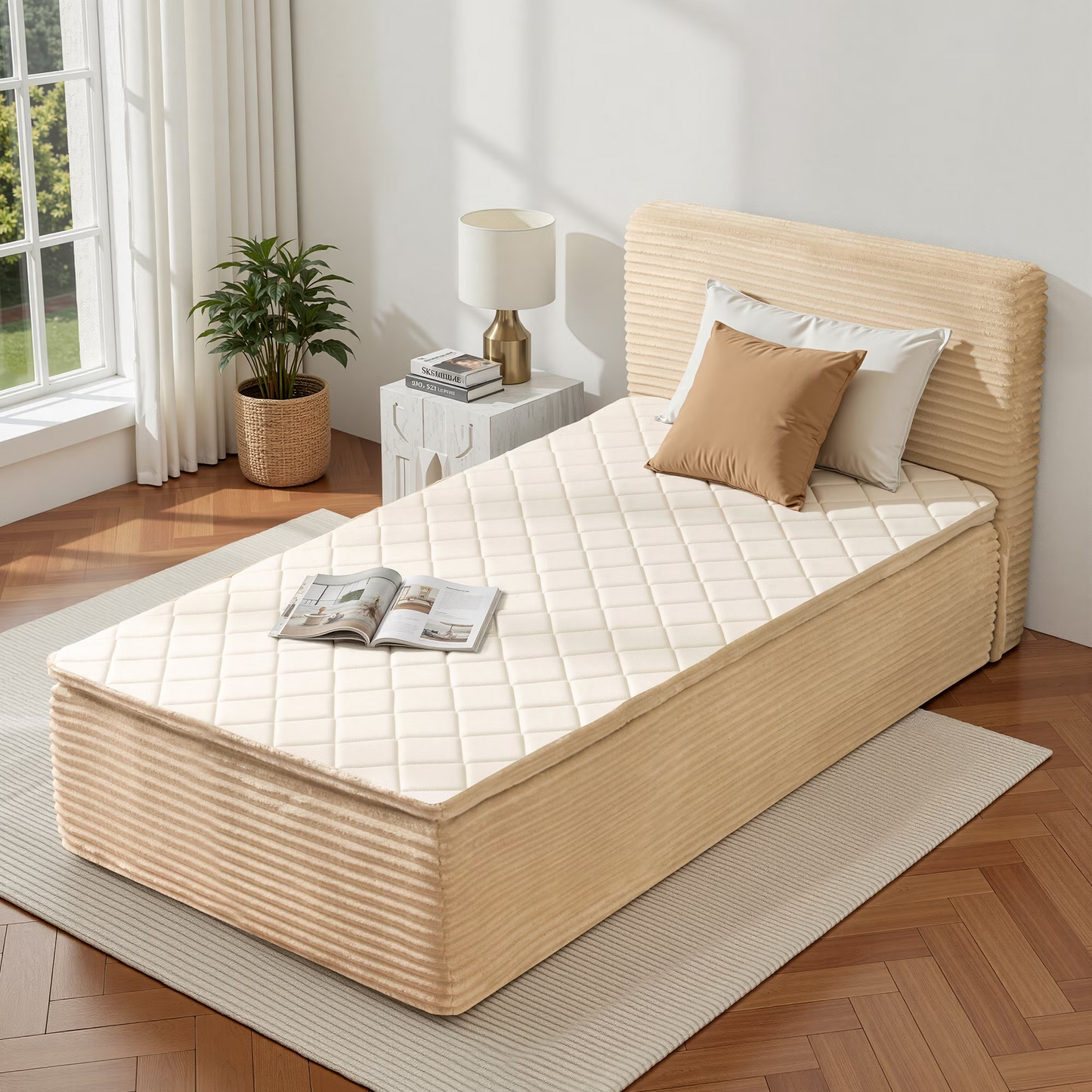Vcatnet 16.7" Twin Size Bed Frame with Mattress, 2-in-1 Corduroy Platform Cloud Bed, No Assembly Bed and Mattress