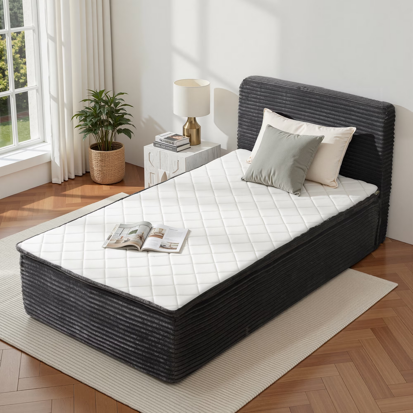 Vcatnet 16.7" Twin Size Bed Frame with Mattress, 2-in-1 Corduroy Platform Cloud Bed, No Assembly Bed and Mattress
