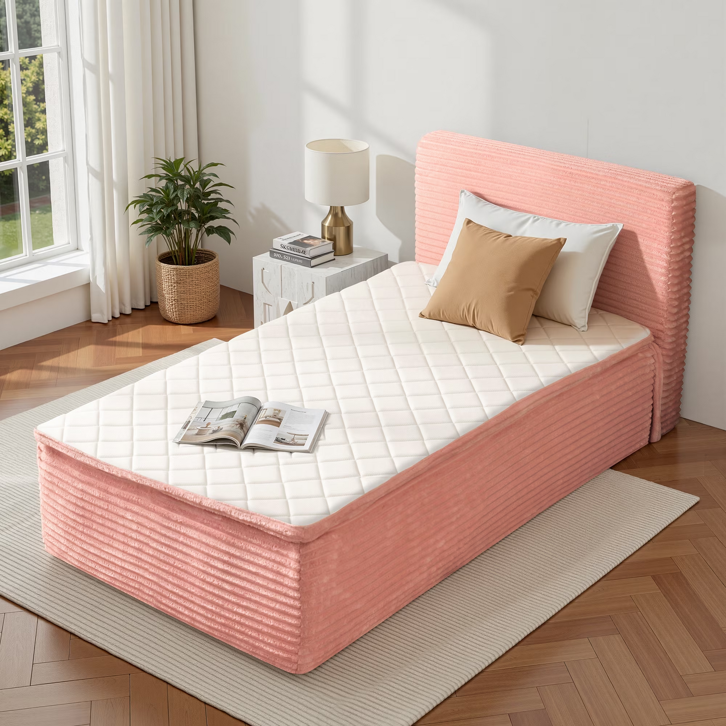 Vcatnet 16.7" Twin Size Bed Frame with Mattress, 2-in-1 Corduroy Platform Cloud Bed, No Assembly Bed and Mattress