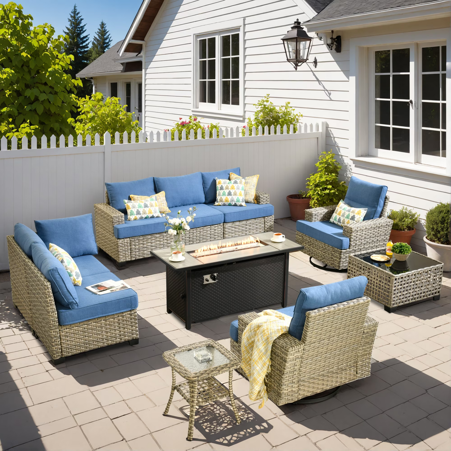 Vcatnet 9 Pieces Outdoor Patio Furniture with 54" Fire Pit Wicker Sectional Sofa All-Weather Outdoor Conversation Set with Swivel Glider Chairs and Ottoman