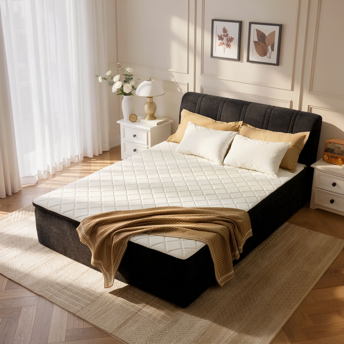 Vcatnet 16.7" Twin Size Boneless Bed with Mattress and Frame, 2-in-1 Chenille Platform Cloud Bed, No Assembly Bed and Mattress for Bedroom and Apartment
