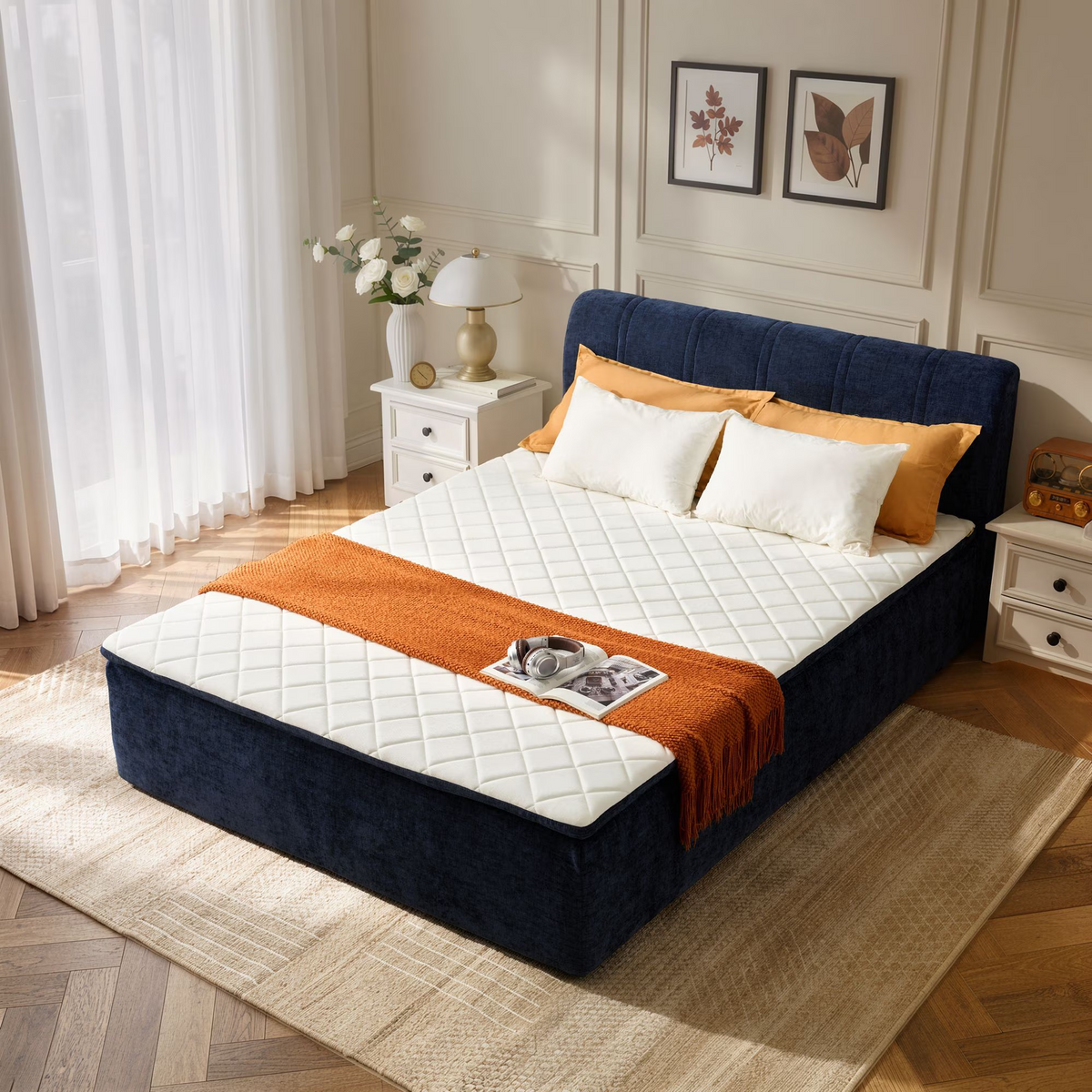 Vcatnet 16.7" Twin Size Boneless Bed with Mattress and Frame, 2-in-1 Chenille Platform Cloud Bed, No Assembly Bed and Mattress for Bedroom and Apartment