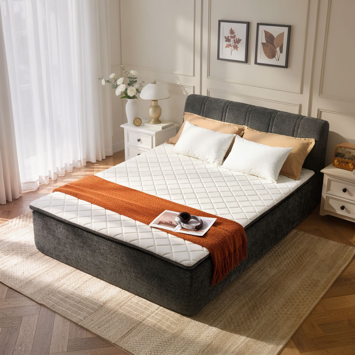 Vcatnet 16.7" Twin Size Boneless Bed with Mattress and Frame, 2-in-1 Chenille Platform Cloud Bed, No Assembly Bed and Mattress for Bedroom and Apartment