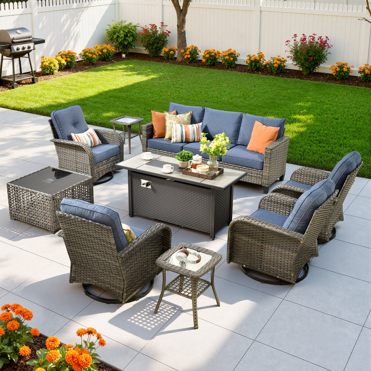 Vcatnet Outdoor Patio Furniture Set 8 Pieces Wicker Sectional Sofa All-Weather Rattan Conversation Set with Swivel Chairs and Coffee Table