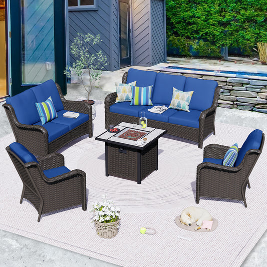 Vcatnet 5 Pieces Conversation Set Outdoor Patio Furniture Sectional Sofa PE Wicker with Fire Pit Table,Navy Blue