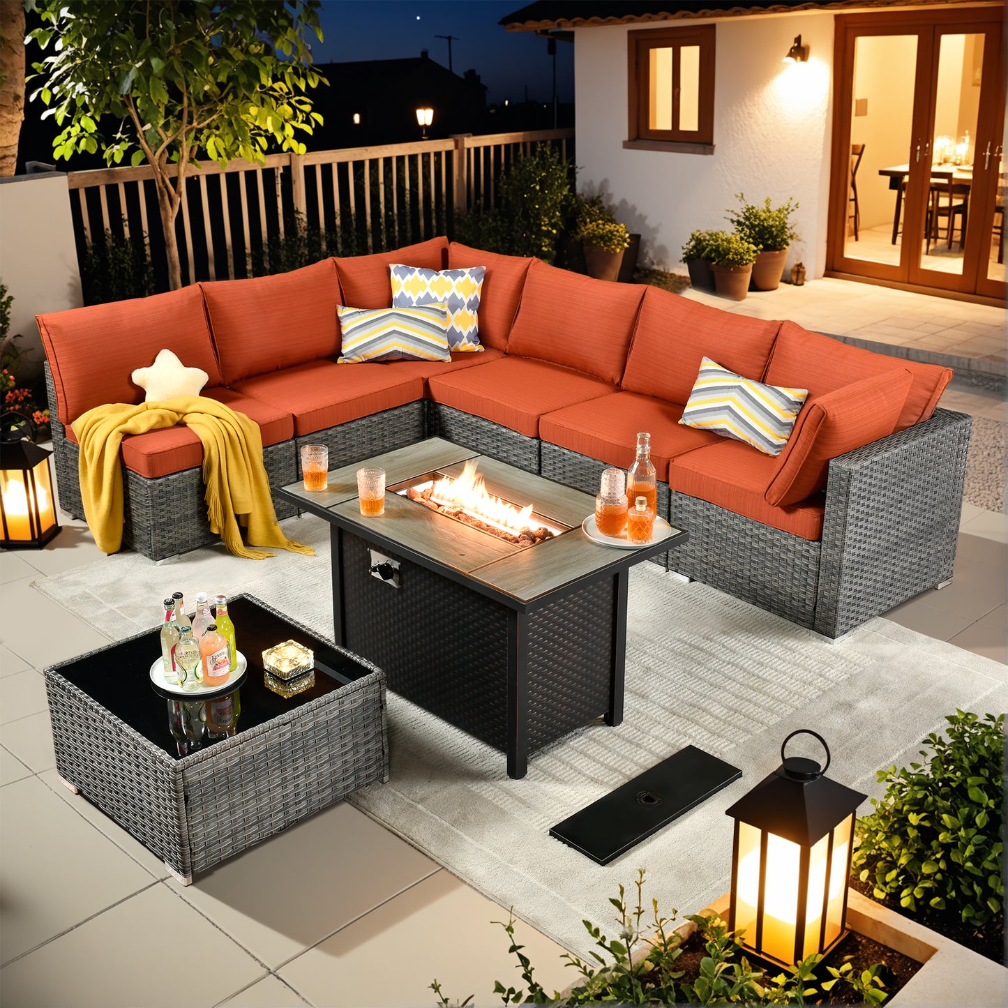Vcatnet 6 Pieces Outdoor Patio Furniture with Fire Pit, Wicker Outdoor Conversation Set, Outdoor Sectional with Coffee Table