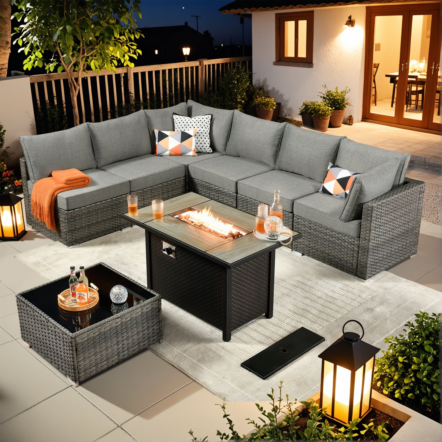 Vcatnet 6 Pieces Outdoor Patio Furniture with Fire Pit, Wicker Outdoor Conversation Set, Outdoor Sectional with Coffee Table