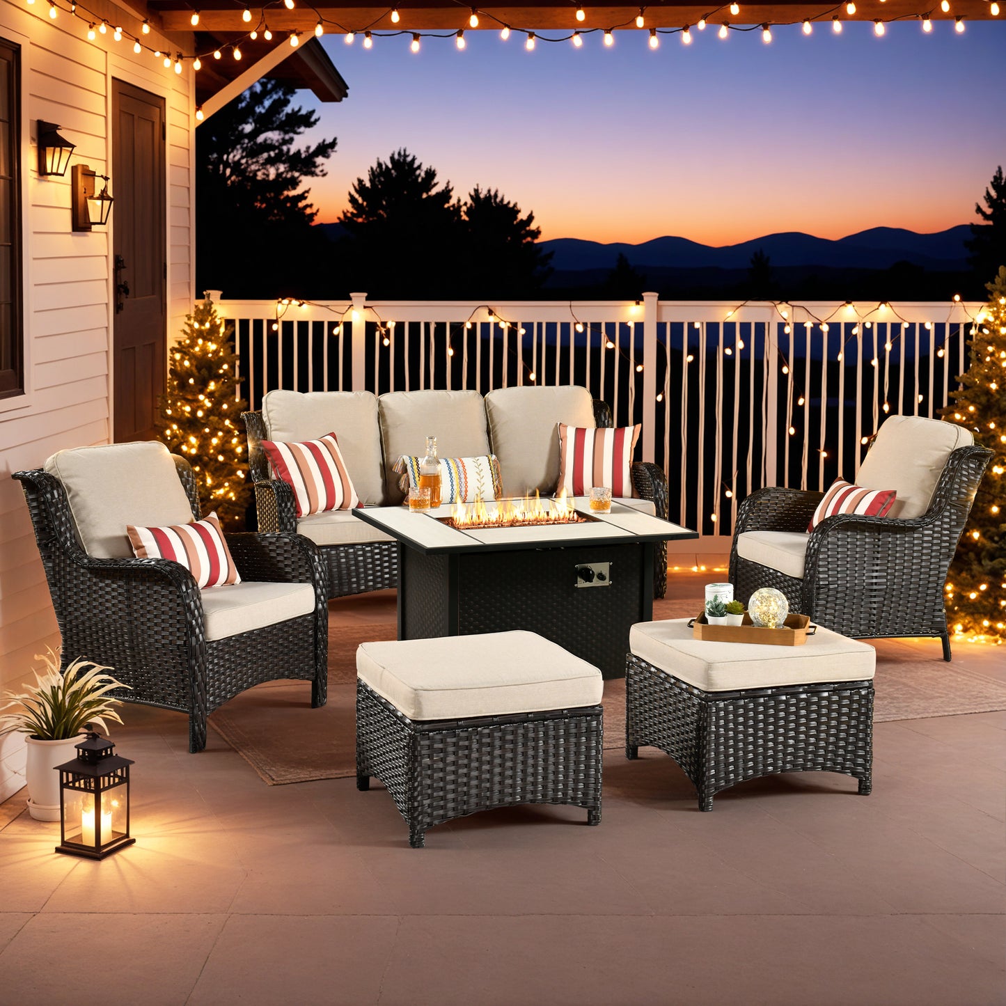 Vcatnet 6 Pieces Outdoor Patio Furniture Wicker High-Back Conversation Set with Swivel Rocking Chairs and Ottoman