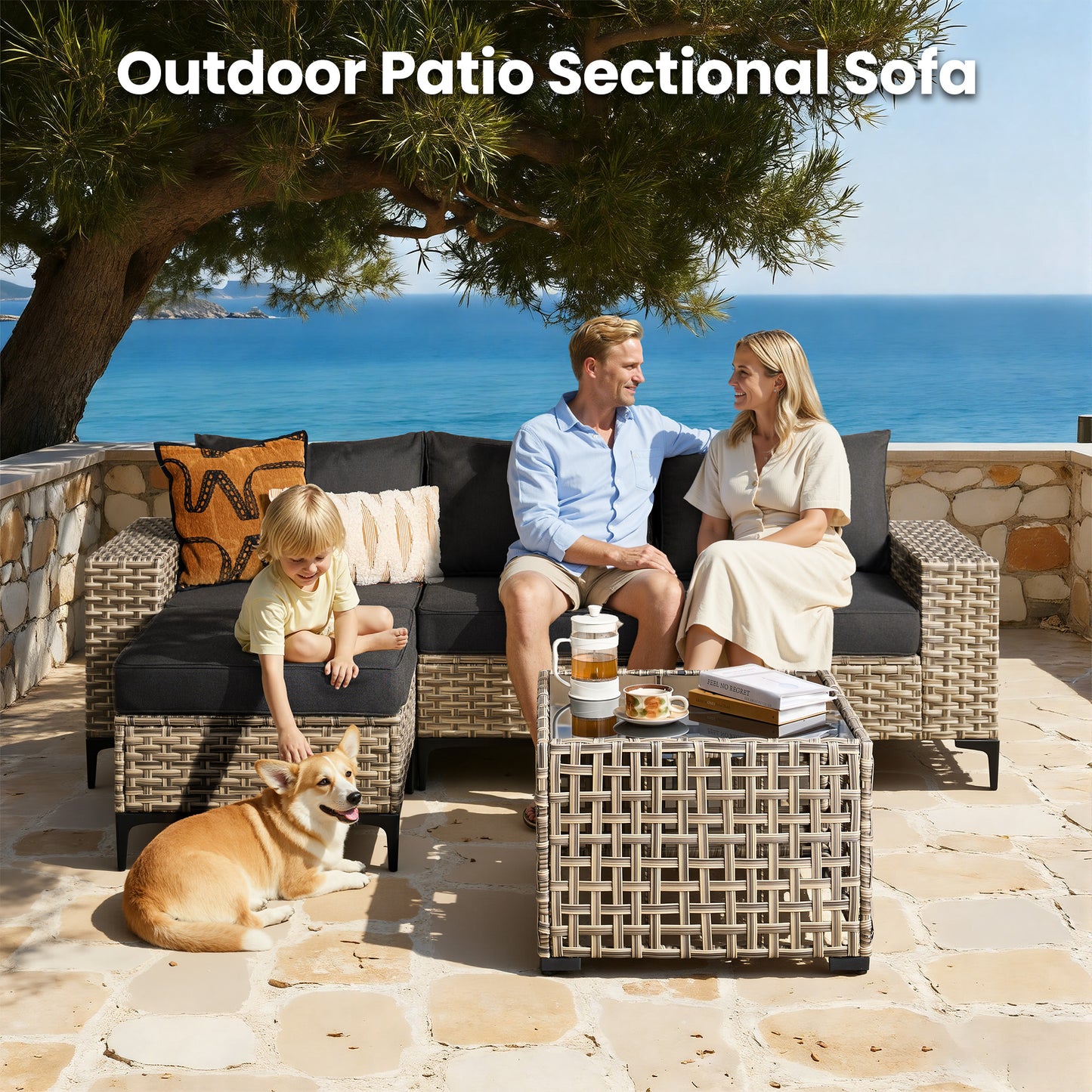 Vcatnet Outdoor Patio Furniture 5 Pieces Wicker Conversation Set Sectional Sofa with Coffee Table and Ottoman