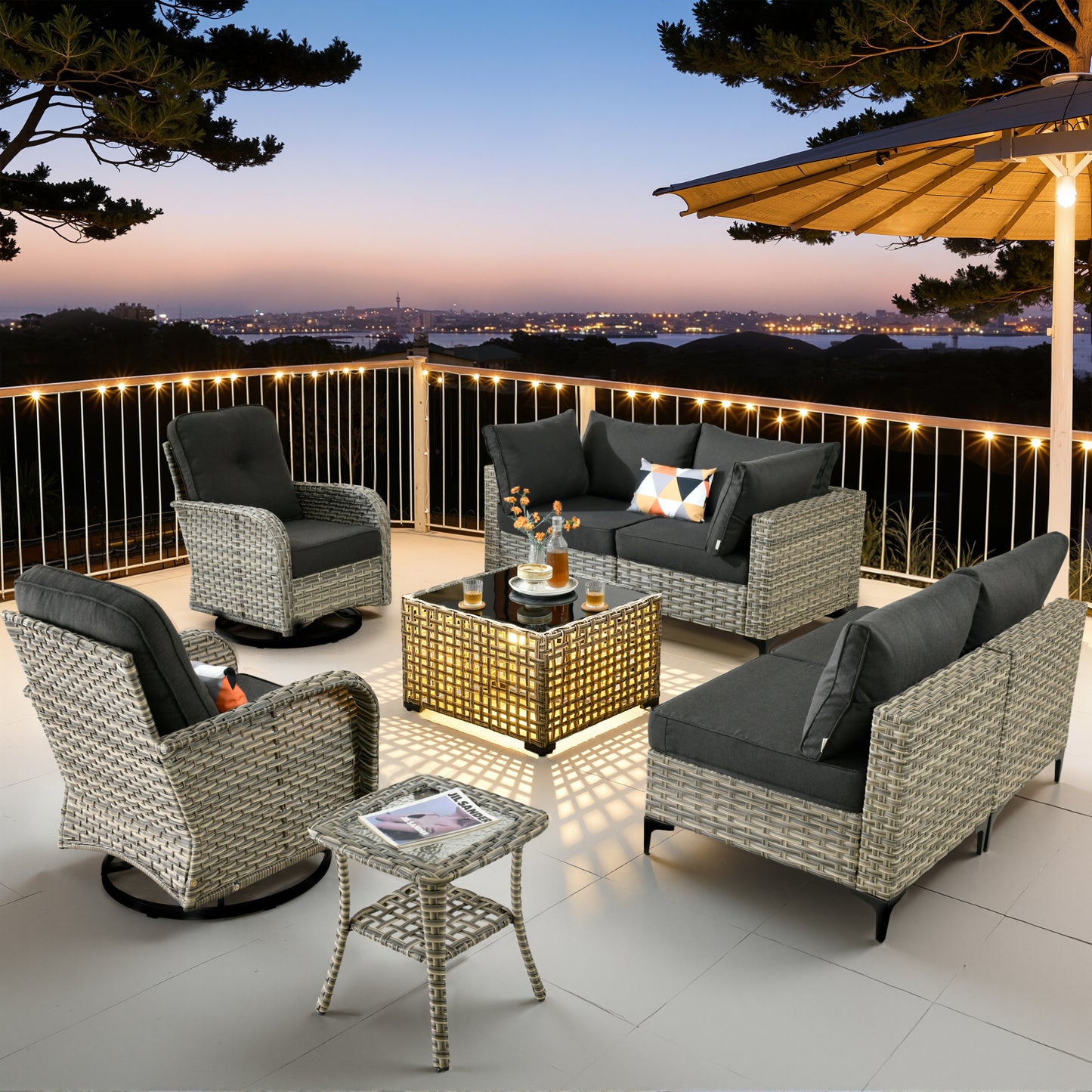 Vcatnet Outdoor Patio Furniture Sets 8 Pieces Sectional Sofa Wicker Conversation Set with Swivel Glider Chairs and Solar Powered Coffee Table for Porch,Backyard