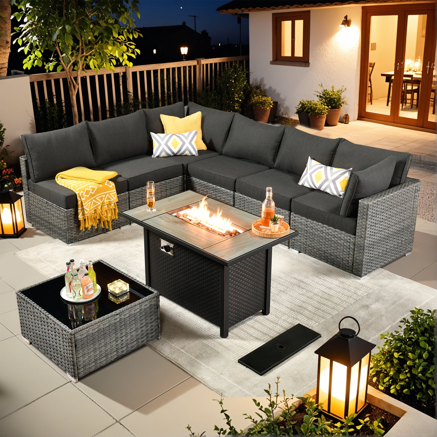 Vcatnet 6 Pieces Outdoor Patio Furniture with Fire Pit, Wicker Outdoor Conversation Set, Outdoor Sectional with Coffee Table