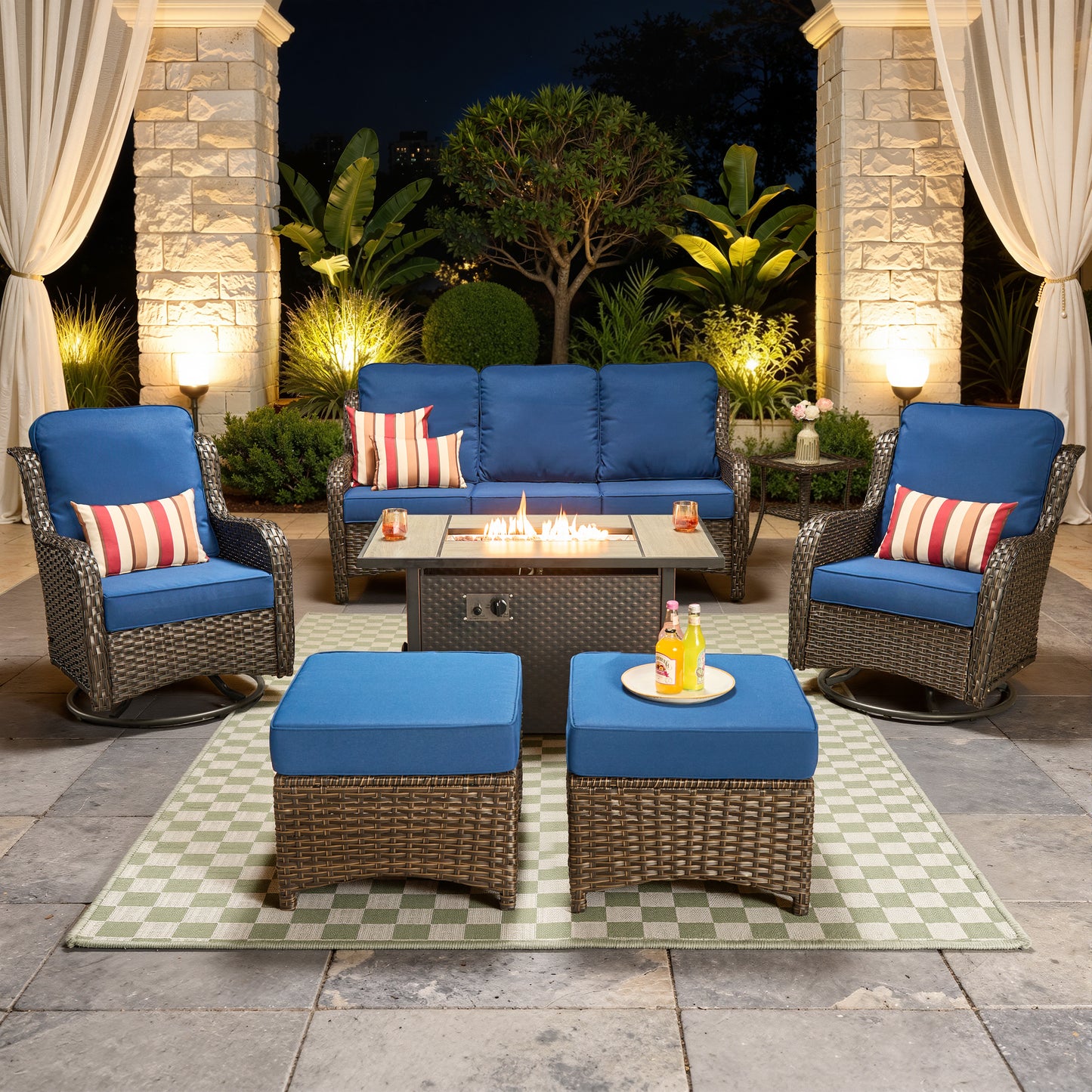 Vcatnet 6 Pieces Outdoor Patio Furniture Wicker High-Back Conversation Set with Swivel Rocking Chairs and Ottoman