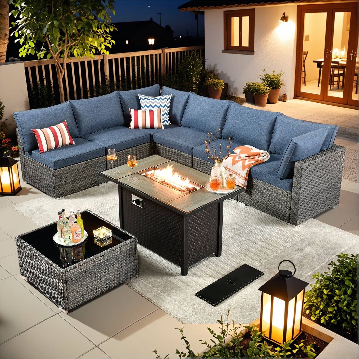 Vcatnet 6 Pieces Outdoor Patio Furniture with Fire Pit, Wicker Outdoor Conversation Set, Outdoor Sectional with Coffee Table