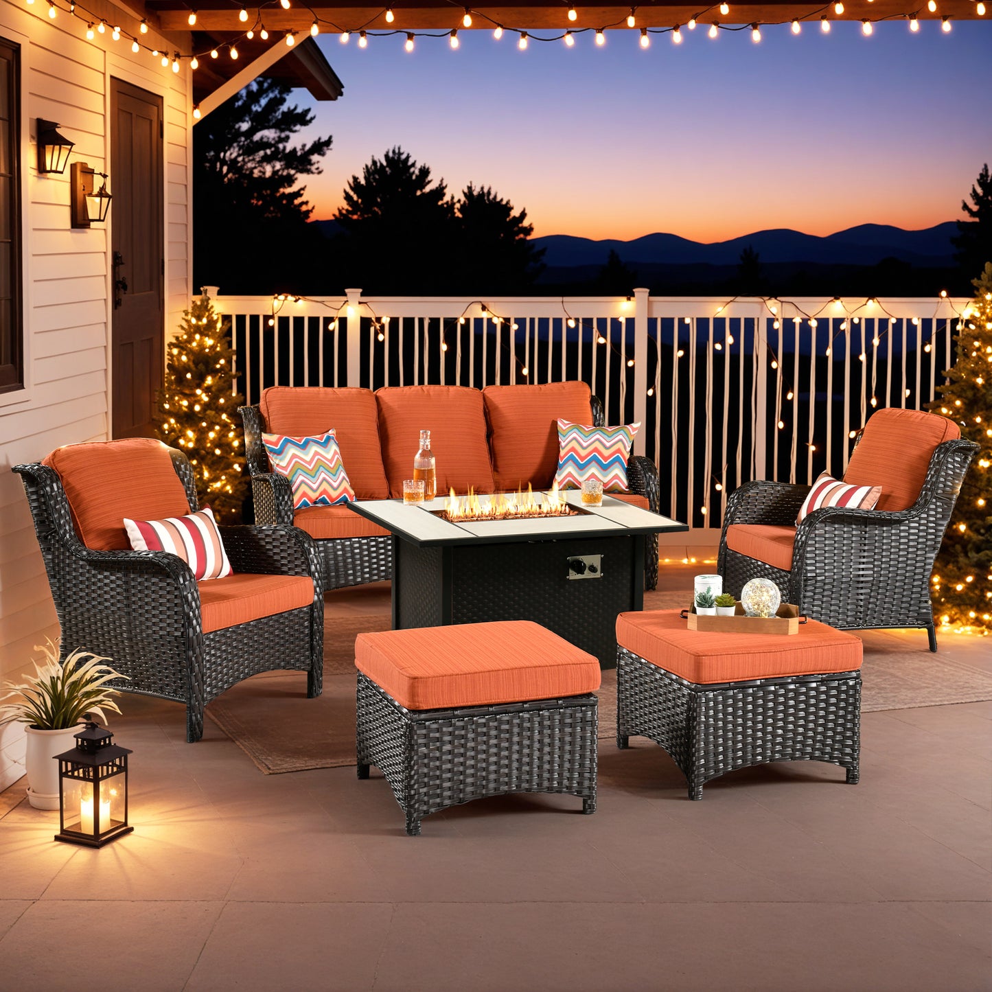 Vcatnet 6 Pieces Outdoor Patio Furniture Wicker High-Back Conversation Set with Swivel Rocking Chairs and Ottoman