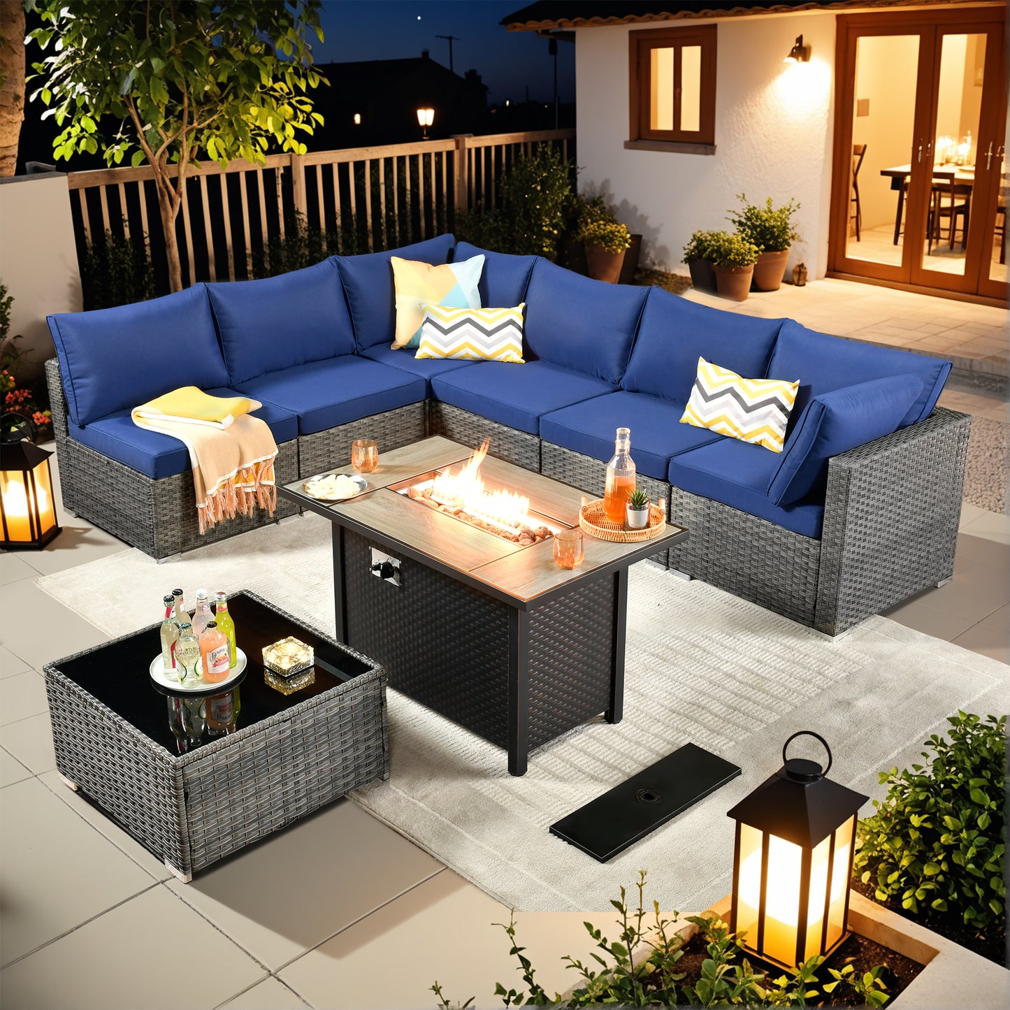 Vcatnet 6 Pieces Outdoor Patio Furniture with Fire Pit, Wicker Outdoor Conversation Set, Outdoor Sectional with Coffee Table