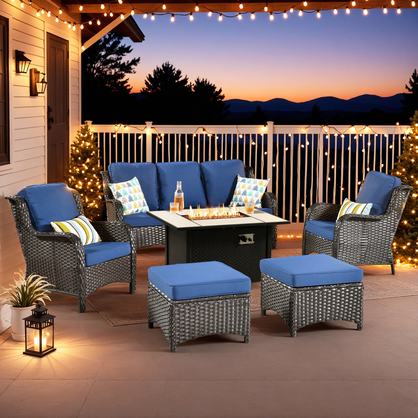 Vcatnet 6 Pieces Outdoor Patio Furniture Wicker High-Back Conversation Set with Swivel Rocking Chairs and Ottoman