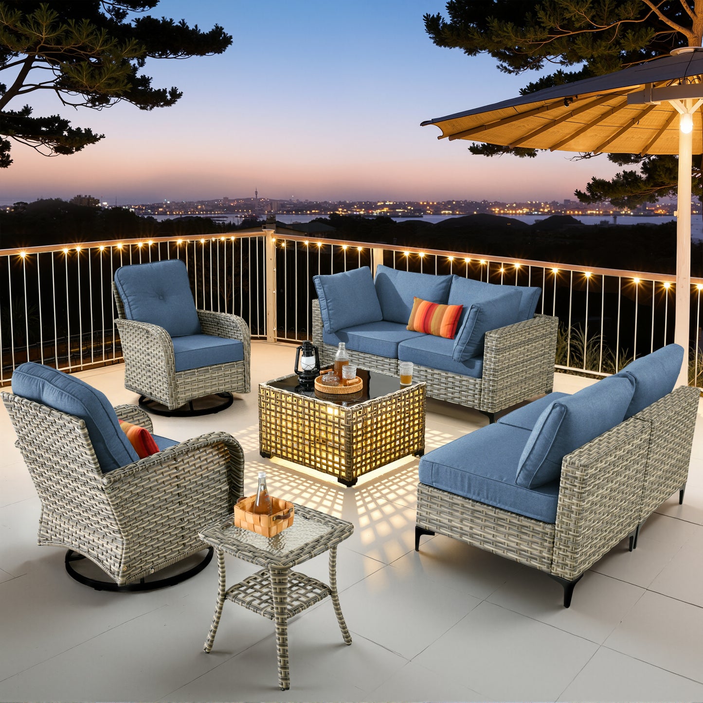 Vcatnet Outdoor Patio Furniture Sets 8 Pieces Sectional Sofa Wicker Conversation Set with Swivel Glider Chairs and Solar Powered Coffee Table for Porch,Backyard