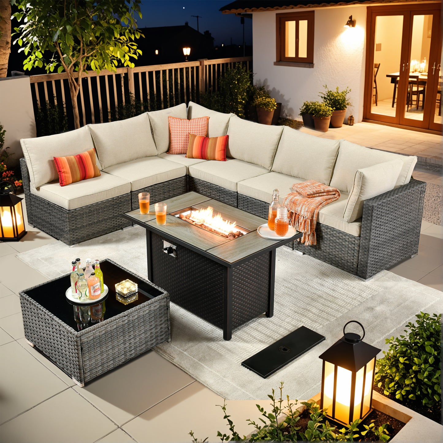 Vcatnet 6 Pieces Outdoor Patio Furniture with Fire Pit, Wicker Outdoor Conversation Set, Outdoor Sectional with Coffee Table
