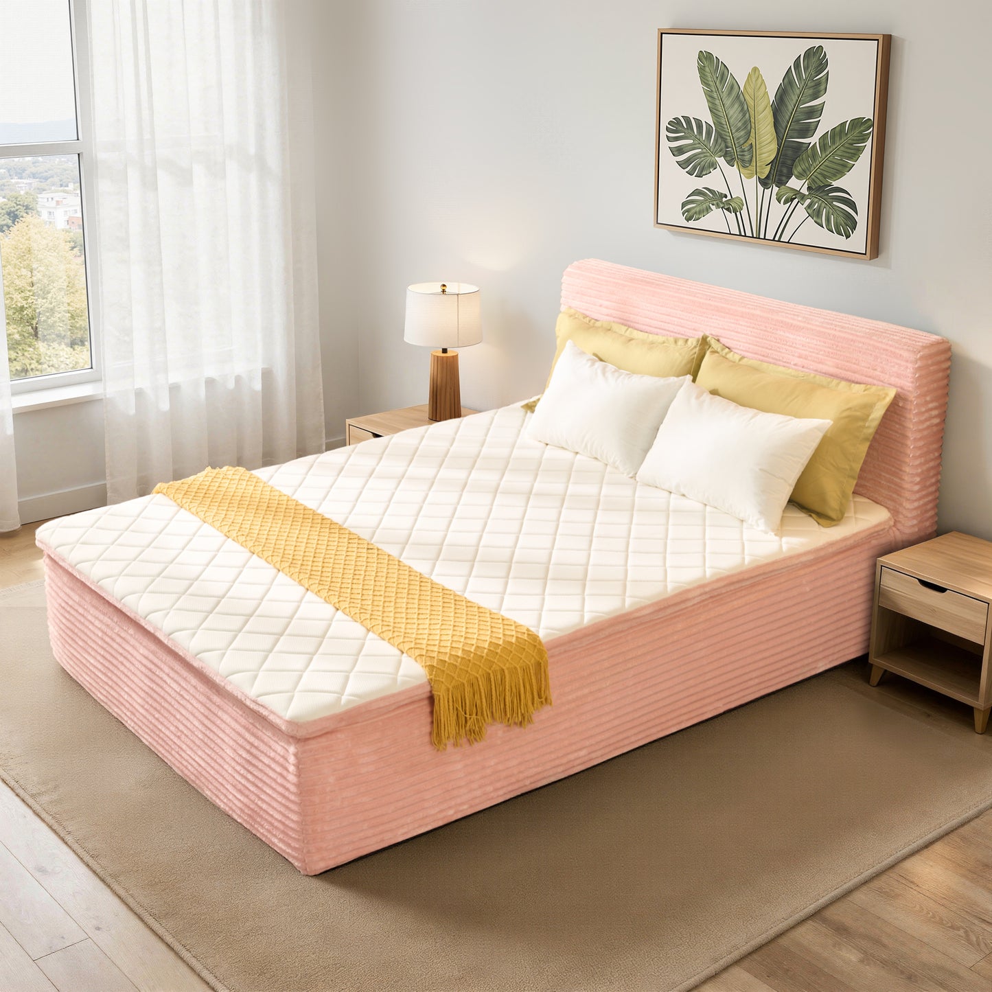 Vcatnet Twin Mattress with Headboard, 16.7 inch Hybrid Memory Foam Mattress in a Box, Corduroy Floor Bed, No Assembly Required, Beige