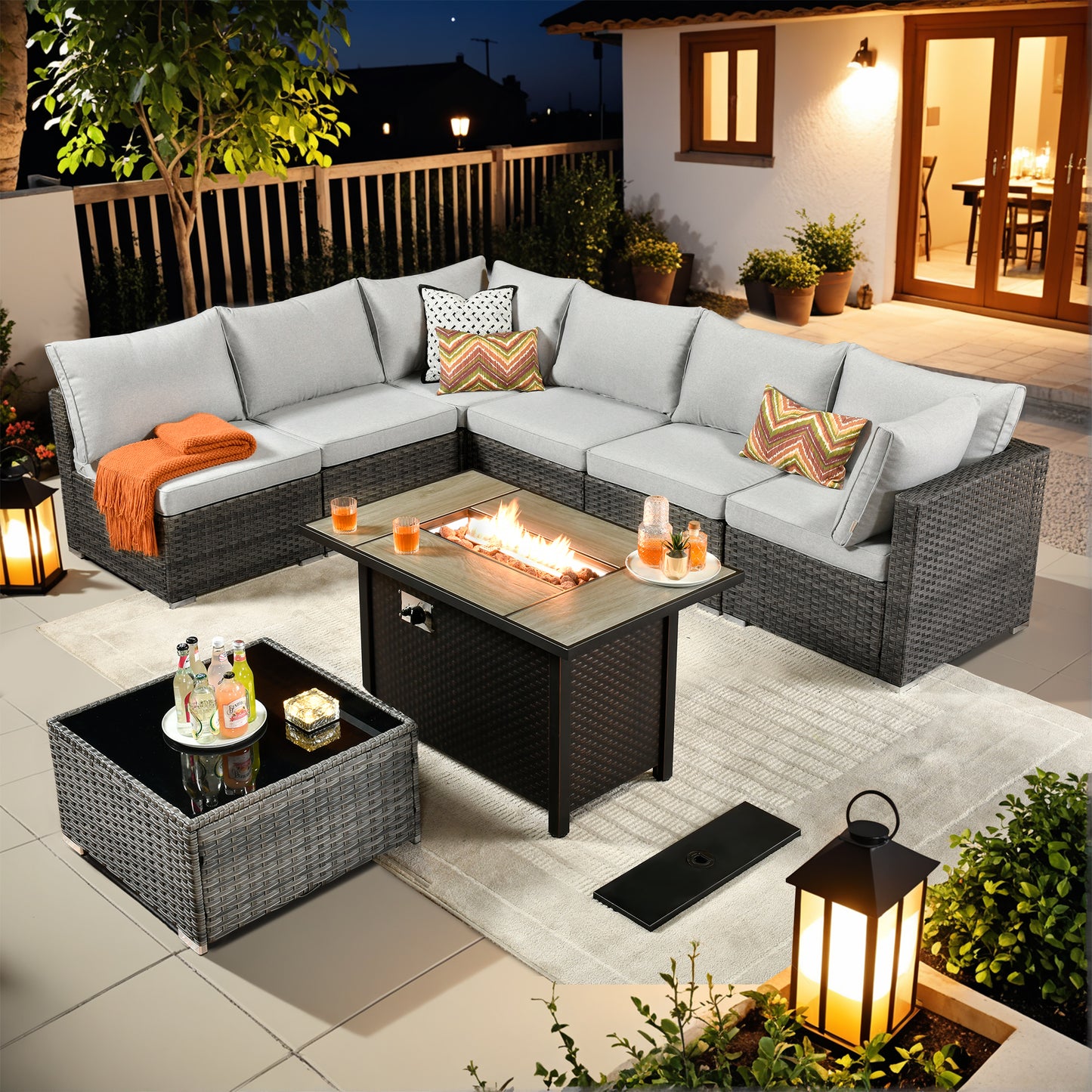 Vcatnet 6 Pieces Outdoor Patio Furniture with Fire Pit, Wicker Outdoor Conversation Set, Outdoor Sectional with Coffee Table
