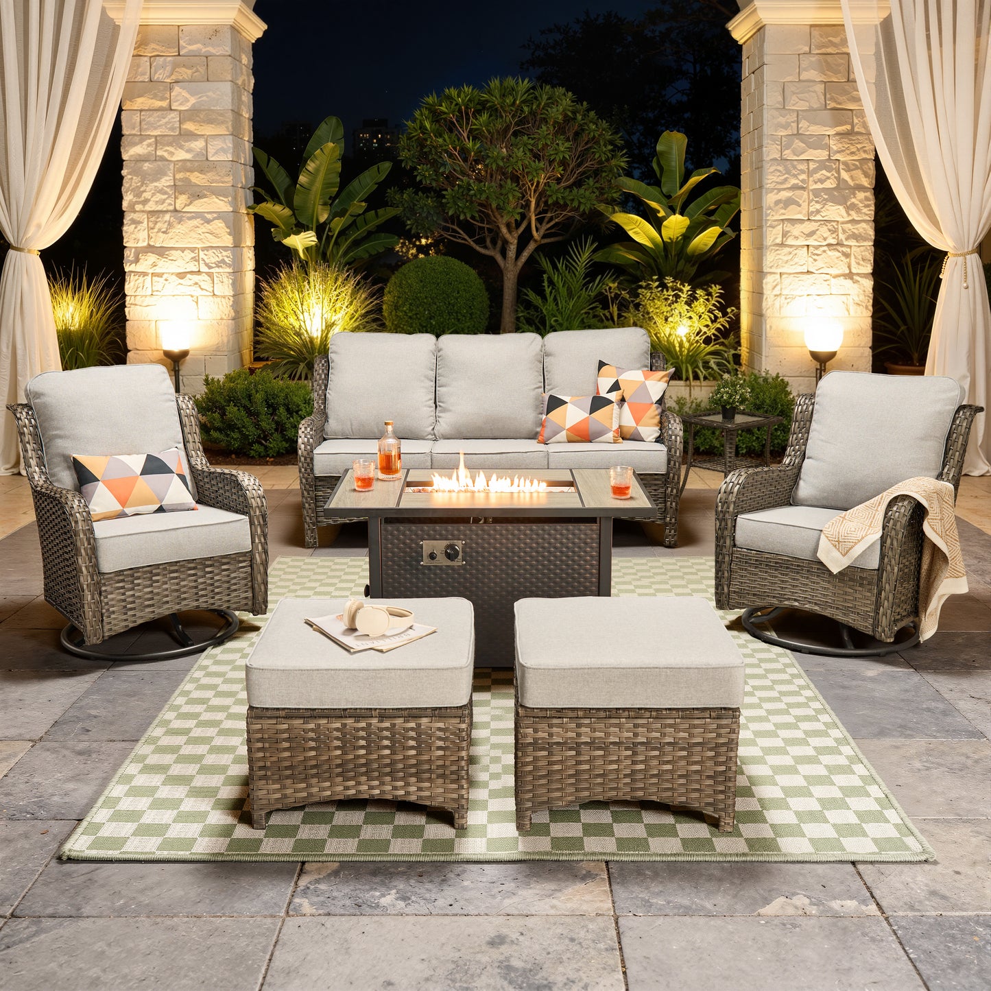 Vcatnet 6 Pieces Outdoor Patio Furniture Wicker High-Back Conversation Set with Swivel Rocking Chairs and Ottoman