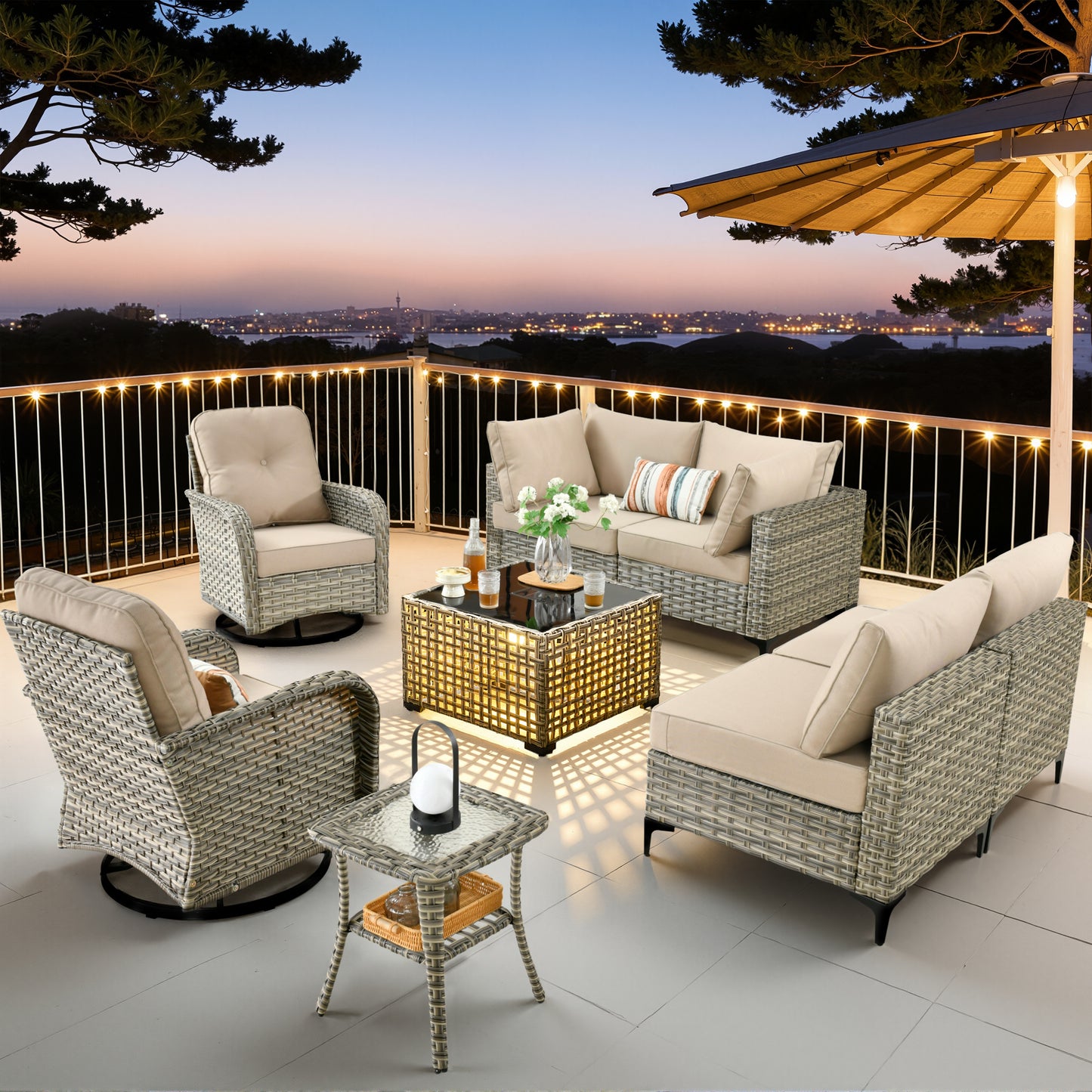 Vcatnet Outdoor Patio Furniture Sets 8 Pieces Sectional Sofa Wicker Conversation Set with Swivel Glider Chairs and Solar Powered Coffee Table for Porch,Backyard