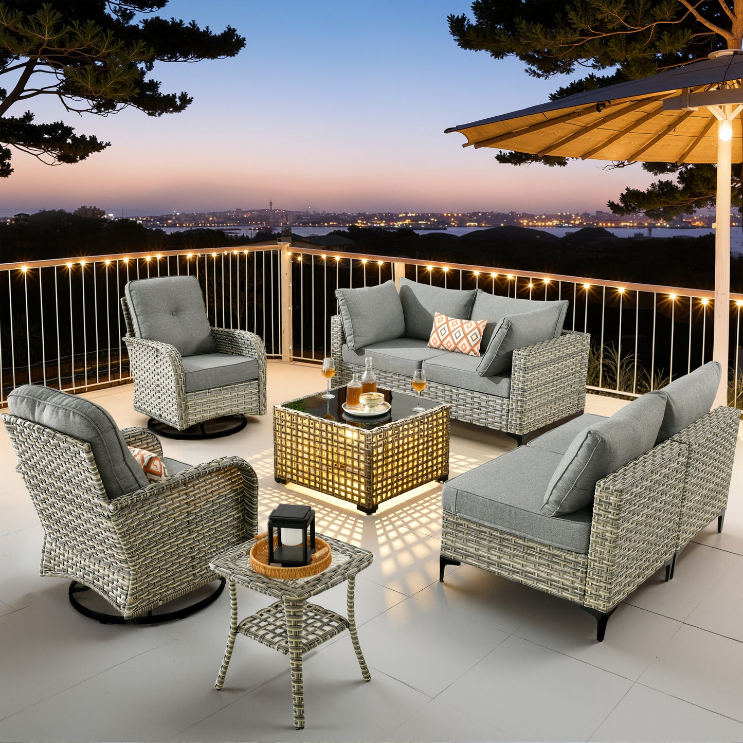 Vcatnet Outdoor Patio Furniture Sets 8 Pieces Sectional Sofa Wicker Conversation Set with Swivel Glider Chairs and Solar Powered Coffee Table for Porch,Backyard