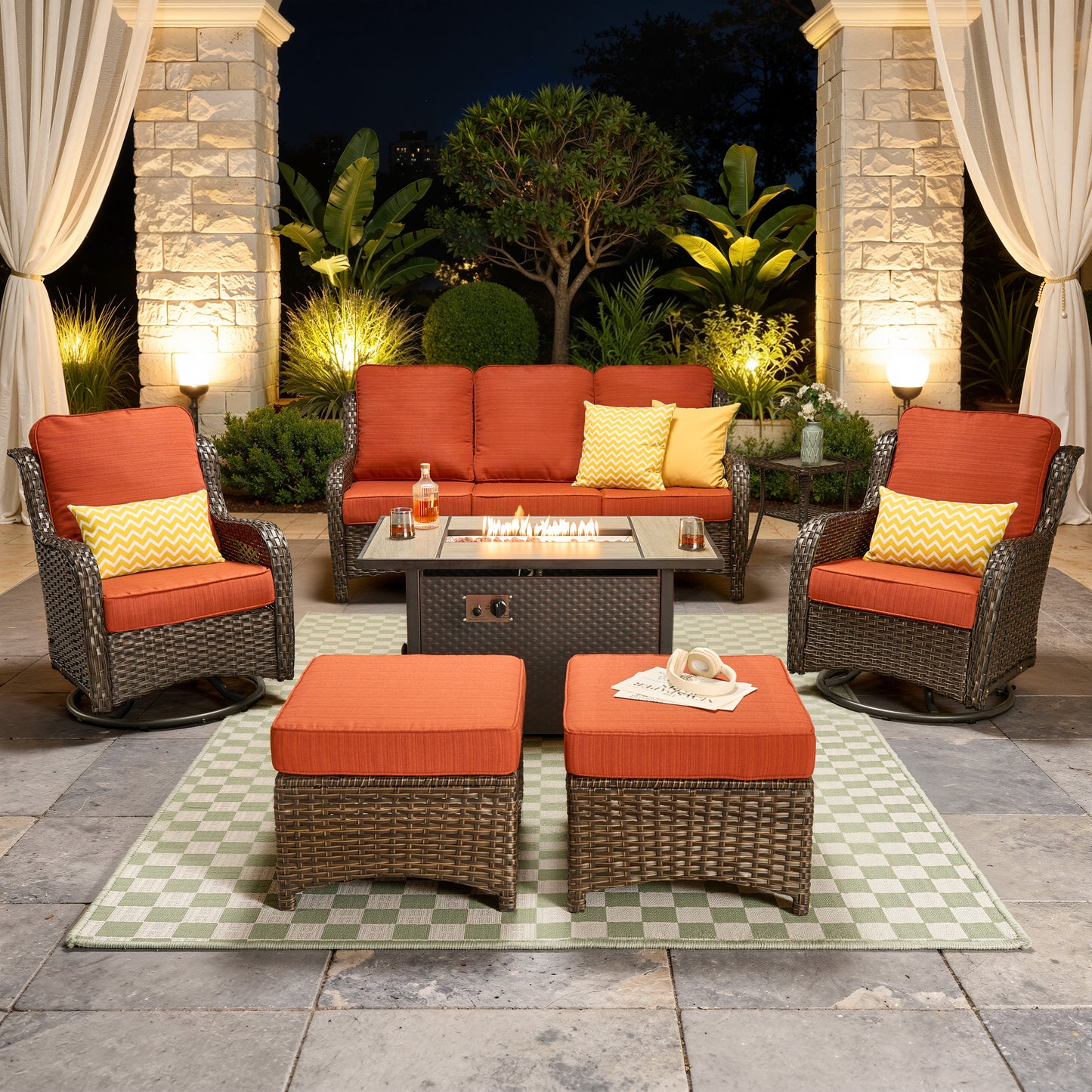 Vcatnet 6 Pieces Outdoor Patio Furniture Wicker High-Back Conversation Set with Swivel Rocking Chairs and Ottoman