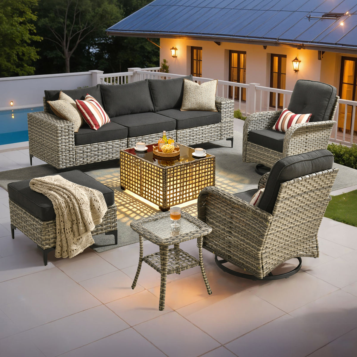 Vcatnet Outdoor Patio Furniture 5 Pieces Wicker Conversation Set Sectional Sofa with Coffee Table and Ottoman