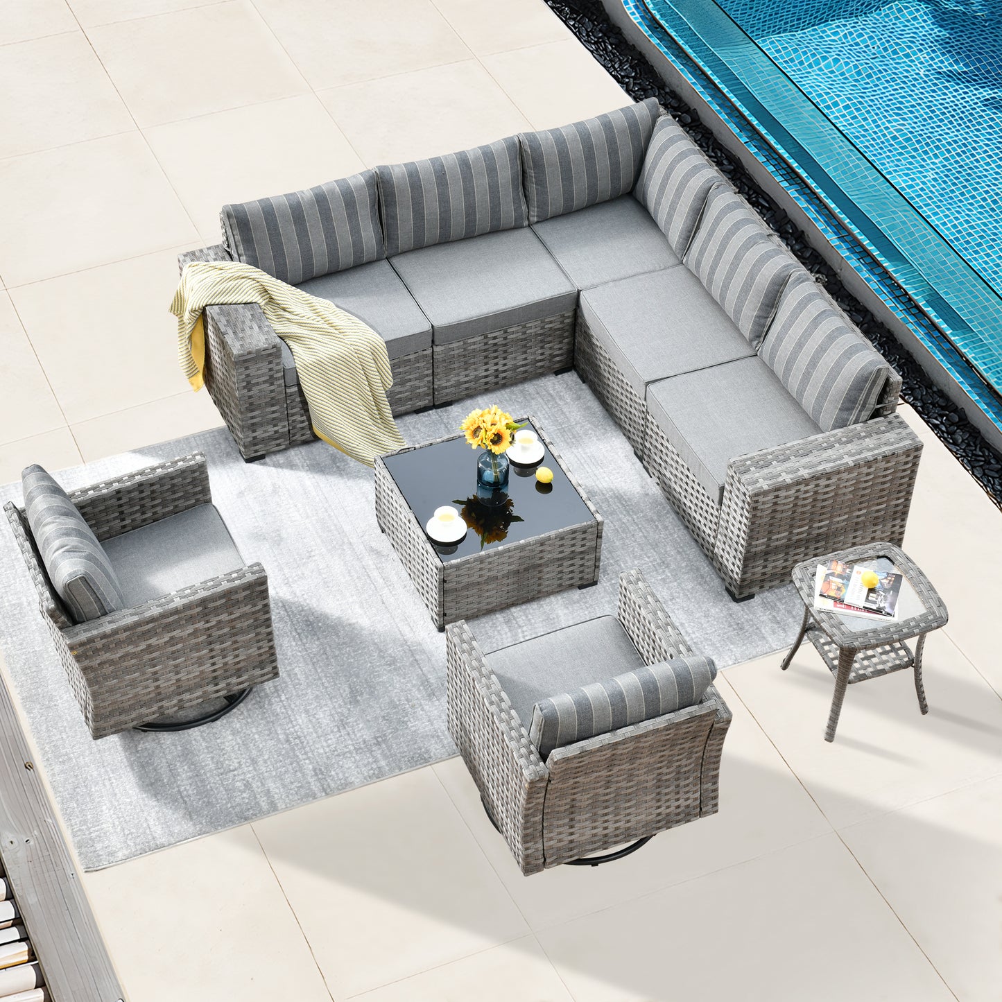 Vcatnet 9 Pieces Conversation Set Patio Outdoor Wicker Furniture with Glider Chairs and Coffee Table,Gray Stripes