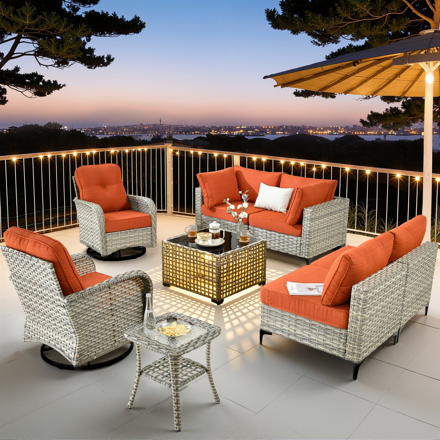 Vcatnet Outdoor Patio Furniture Sets 8 Pieces Sectional Sofa Wicker Conversation Set with Swivel Glider Chairs and Solar Powered Coffee Table for Porch,Backyard