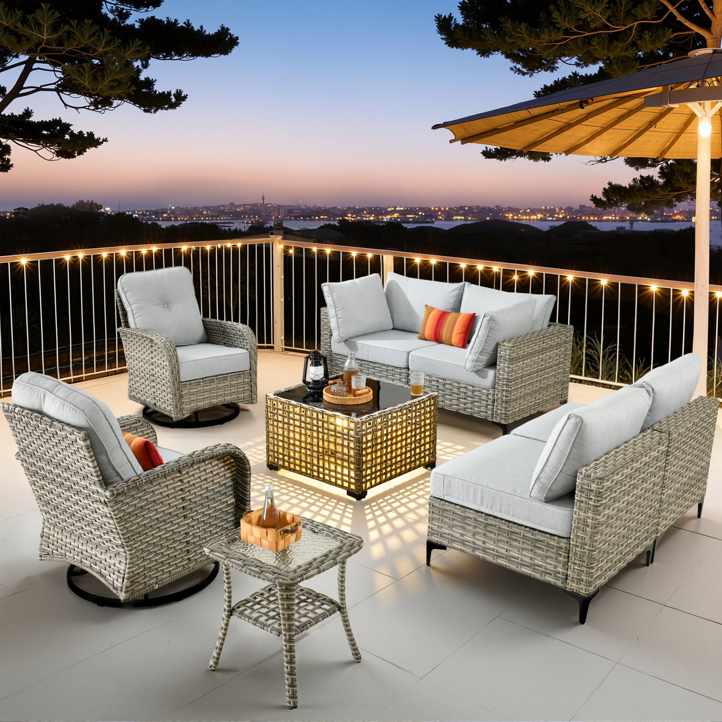 Vcatnet Outdoor Patio Furniture Sets 8 Pieces Sectional Sofa Wicker Conversation Set with Swivel Glider Chairs and Solar Powered Coffee Table for Porch,Backyard