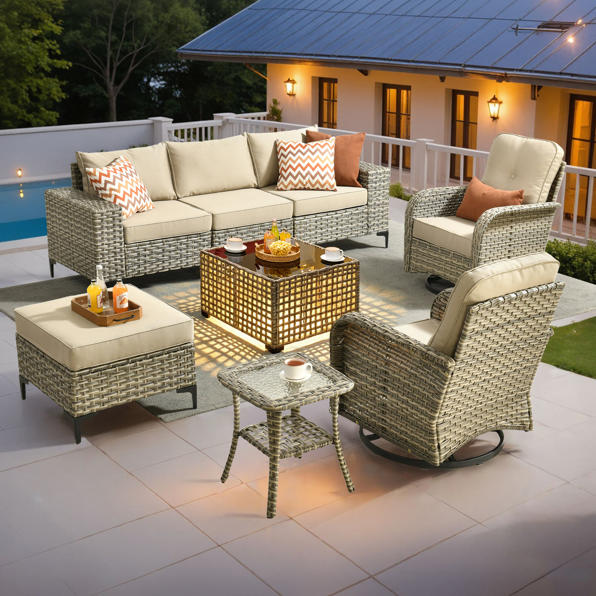 Vcatnet Outdoor Patio Furniture 5 Pieces Wicker Conversation Set Sectional Sofa with Coffee Table and Ottoman