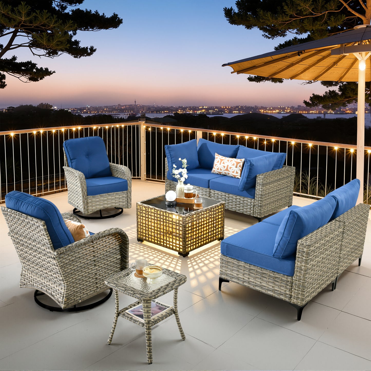 Vcatnet Outdoor Patio Furniture Sets 8 Pieces Sectional Sofa Wicker Conversation Set with Swivel Glider Chairs and Solar Powered Coffee Table for Porch,Backyard