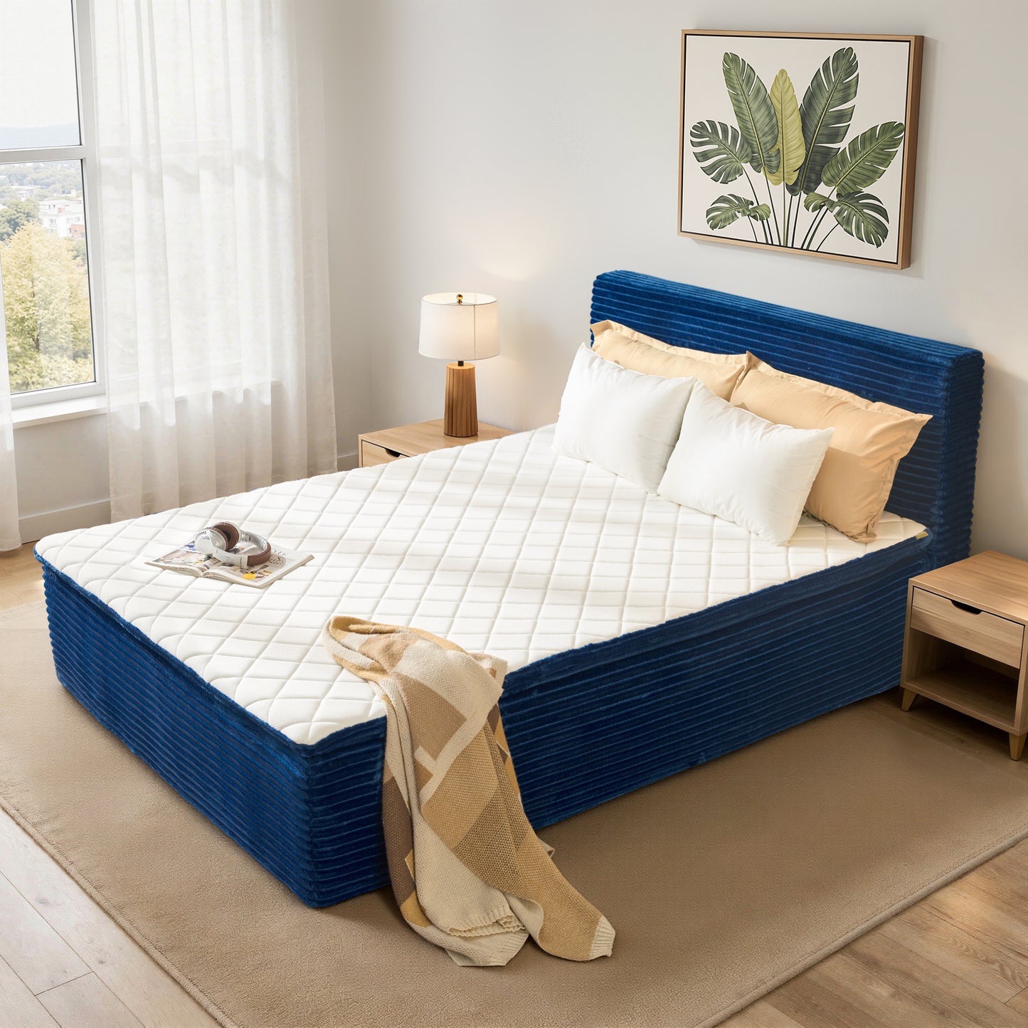 Vcatnet Twin Mattress with Headboard, 16.7 inch Hybrid Memory Foam Mattress in a Box, Corduroy Floor Bed, No Assembly Required, Beige