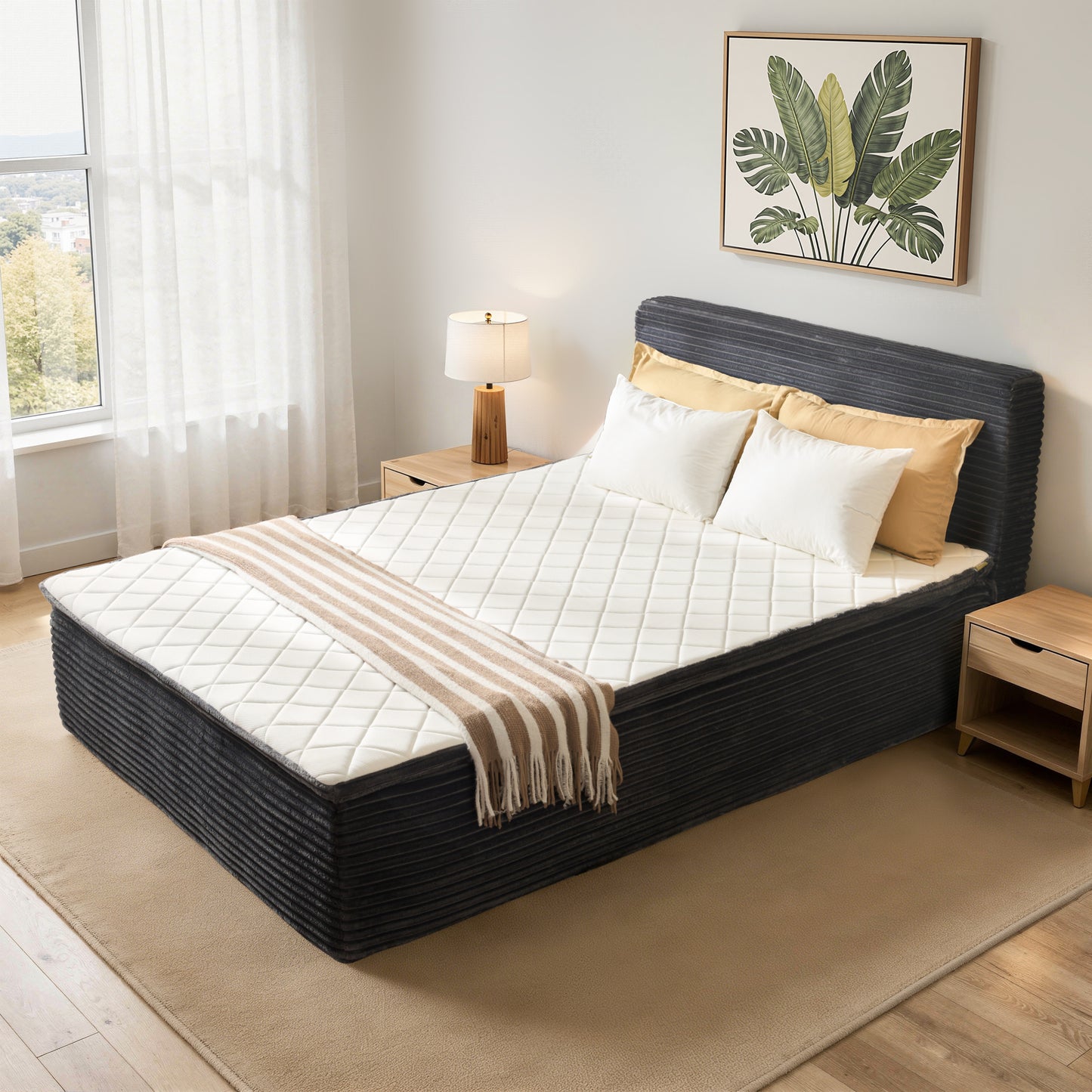 Vcatnet Twin Mattress with Headboard, 16.7 inch Hybrid Memory Foam Mattress in a Box, Corduroy Floor Bed, No Assembly Required, Beige