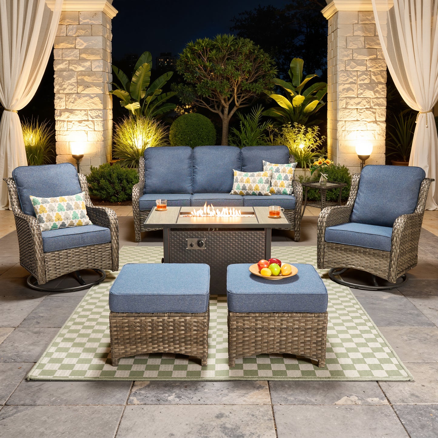 Vcatnet 6 Pieces Outdoor Patio Furniture Wicker High-Back Conversation Set with Swivel Rocking Chairs and Ottoman